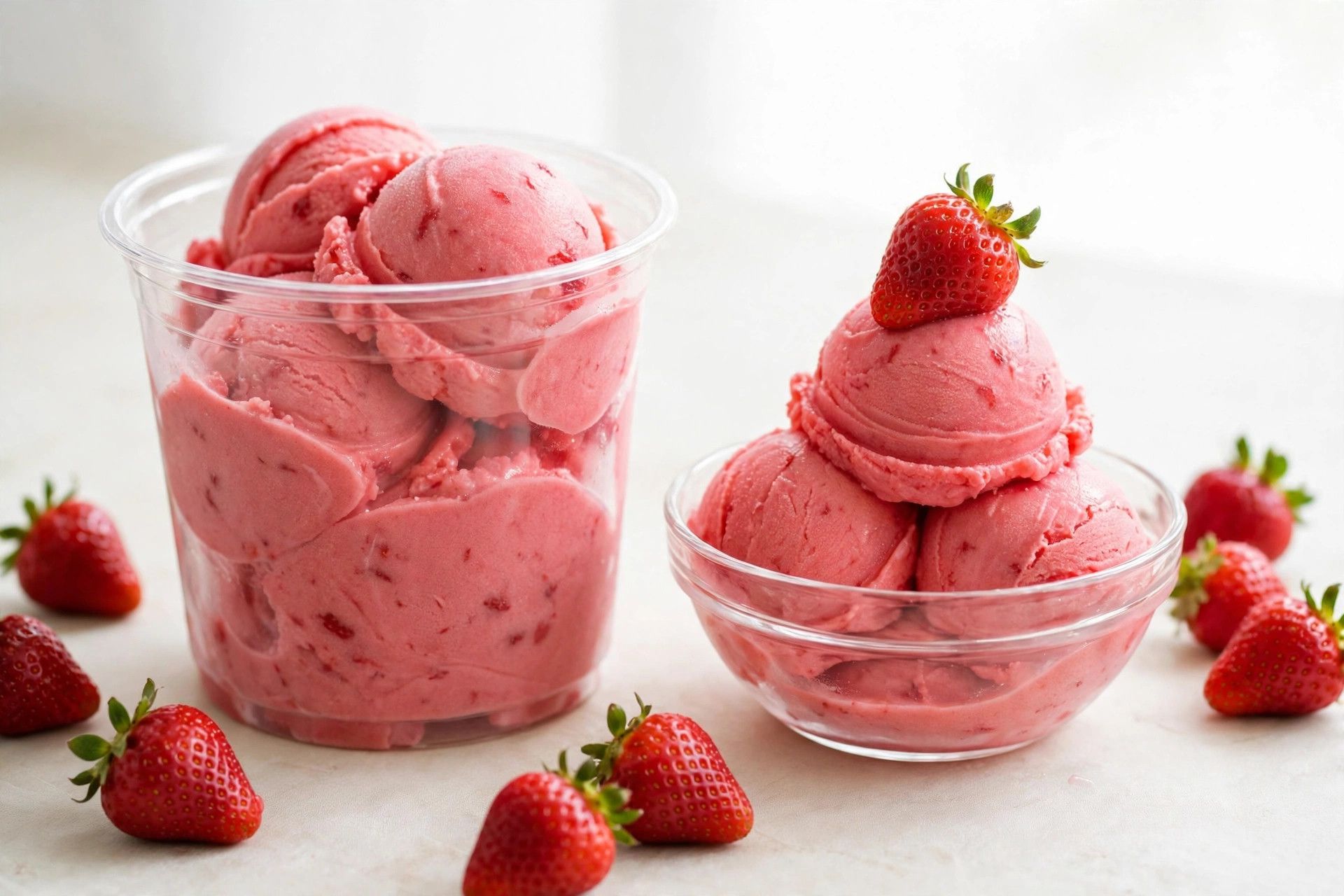 A pint and a small glass bowl of homemade ninja creami strawberry sorbet in a vivid pink, topped with a fresh strawberry