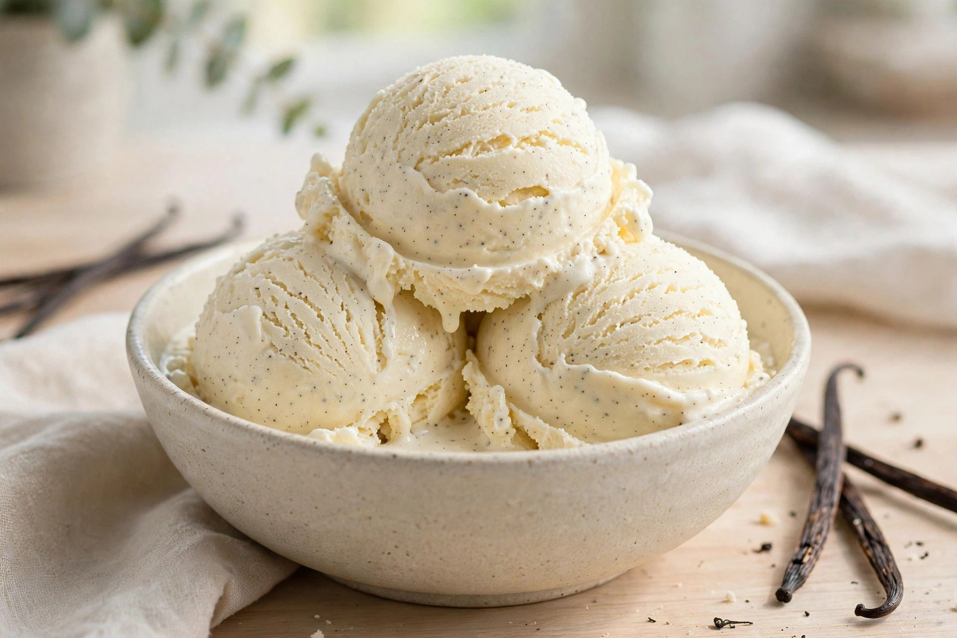 A bowl of thick vanilla bean protein ice cream scoops with visible vanilla specks, on a light kitchen table