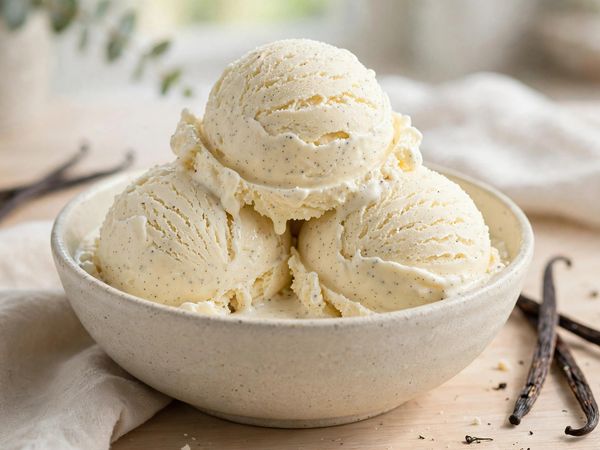 A bowl of thick vanilla bean protein ice cream scoops with visible vanilla specks, on a light kitchen table