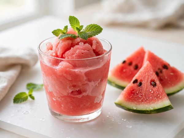 A glass of slushy pink watermelon cooler sorbet with fresh mint on top, beside watermelon slices on a light table