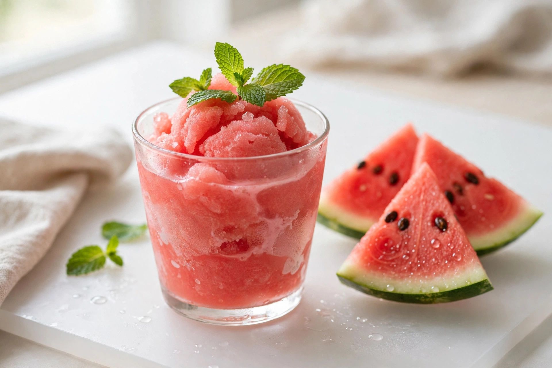A glass of slushy pink watermelon cooler sorbet with fresh mint on top, beside watermelon slices on a light table
