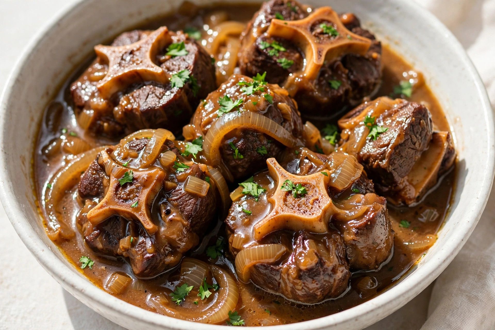 Braised oxtails in rich brown gravy served in a white bowl, garnished with parsley, on a light table