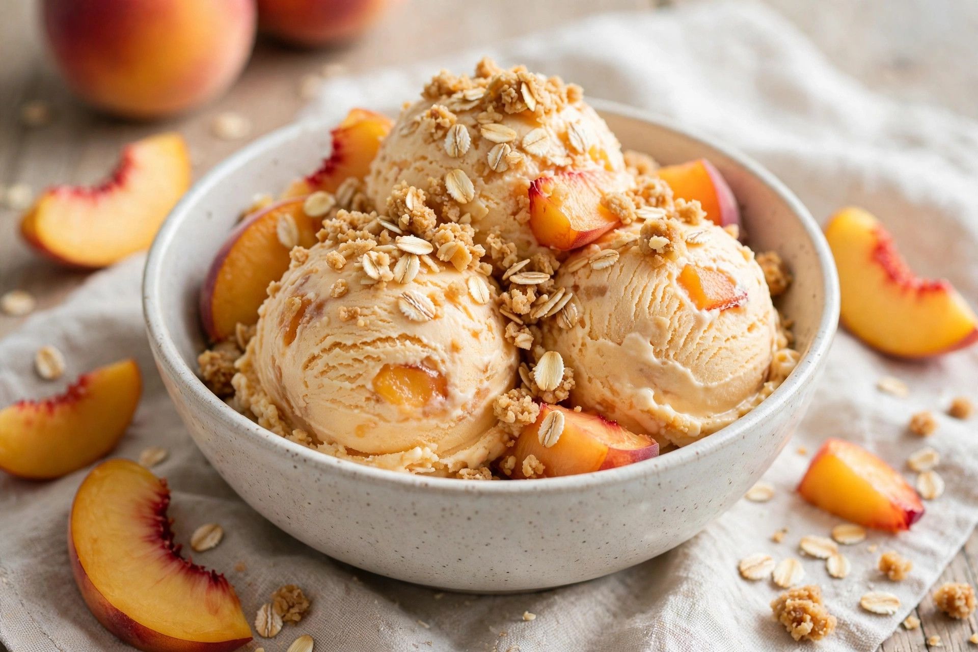 A bowl of peach cobbler protein ice cream scoops topped with oat crumble, on a light kitchen table