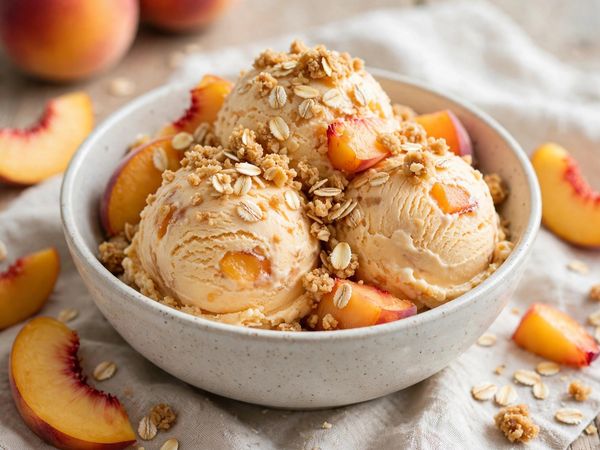 A bowl of peach cobbler protein ice cream scoops topped with oat crumble, on a light kitchen table