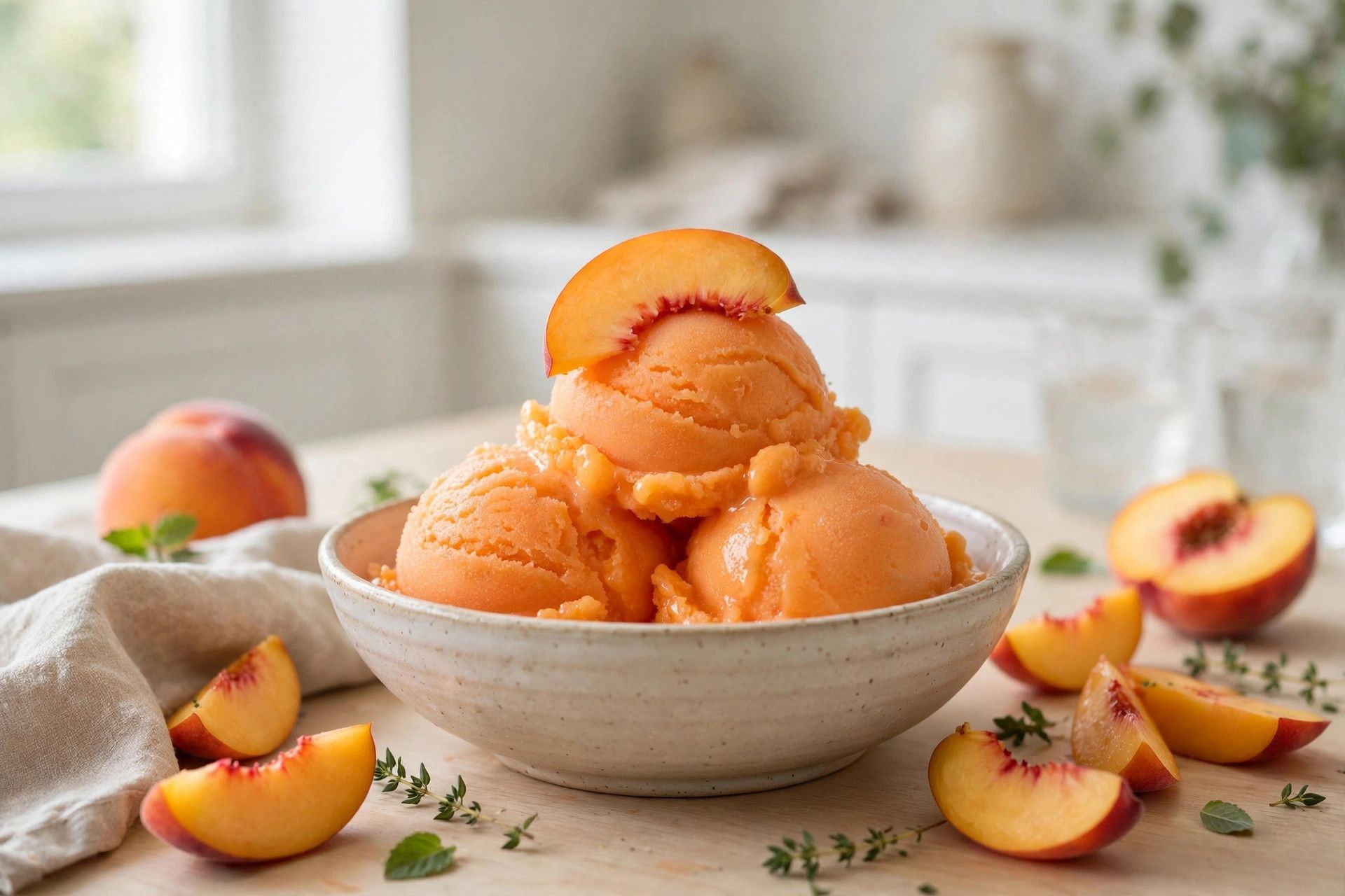 A bowl of bright peach sorbet scoops with fresh peach slices, on a light kitchen table