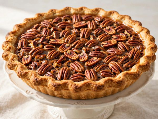 A slice of classic Southern pecan pie with gooey caramel filling and toasted pecans on a light plate