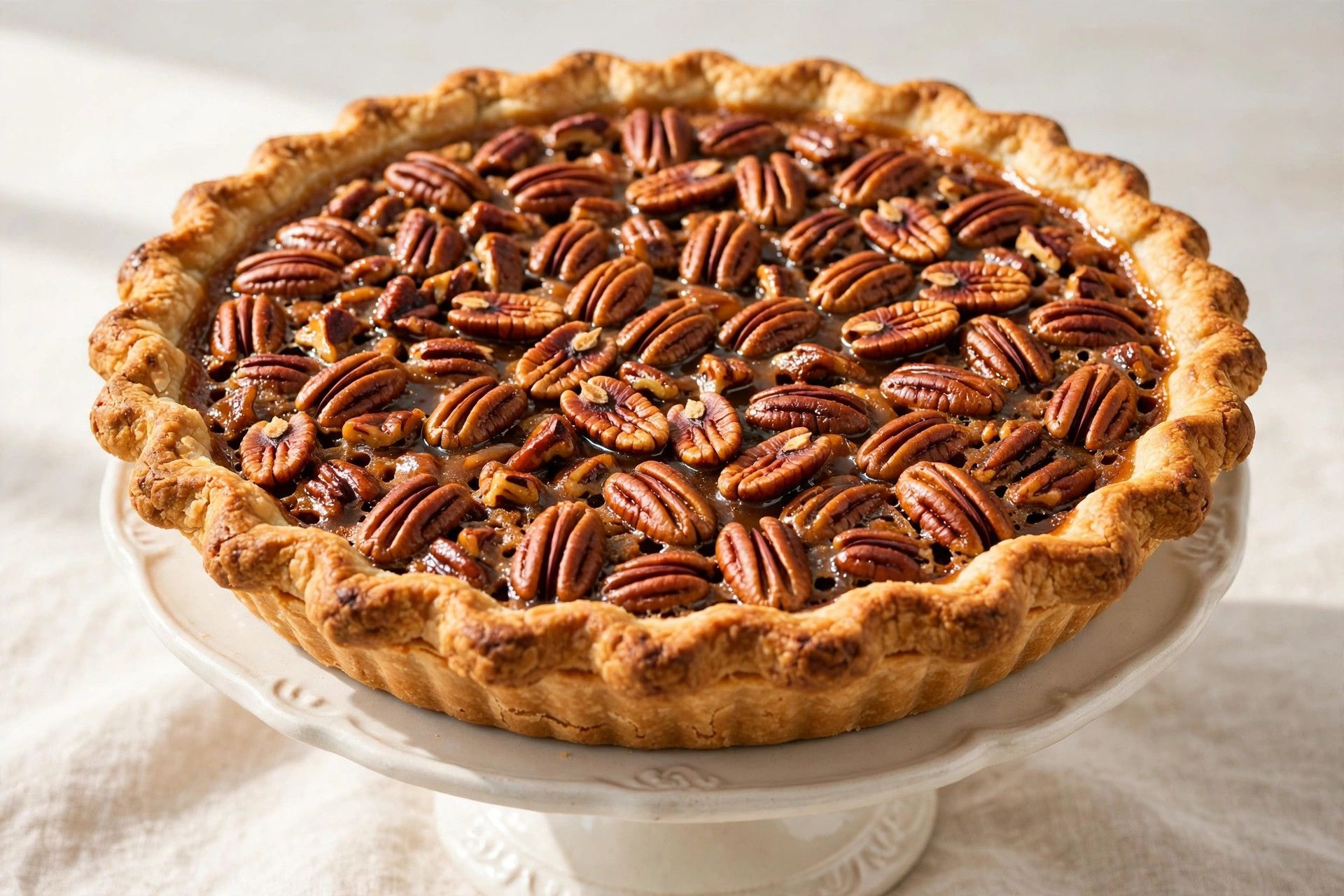 A slice of classic Southern pecan pie with gooey caramel filling and toasted pecans on a light plate