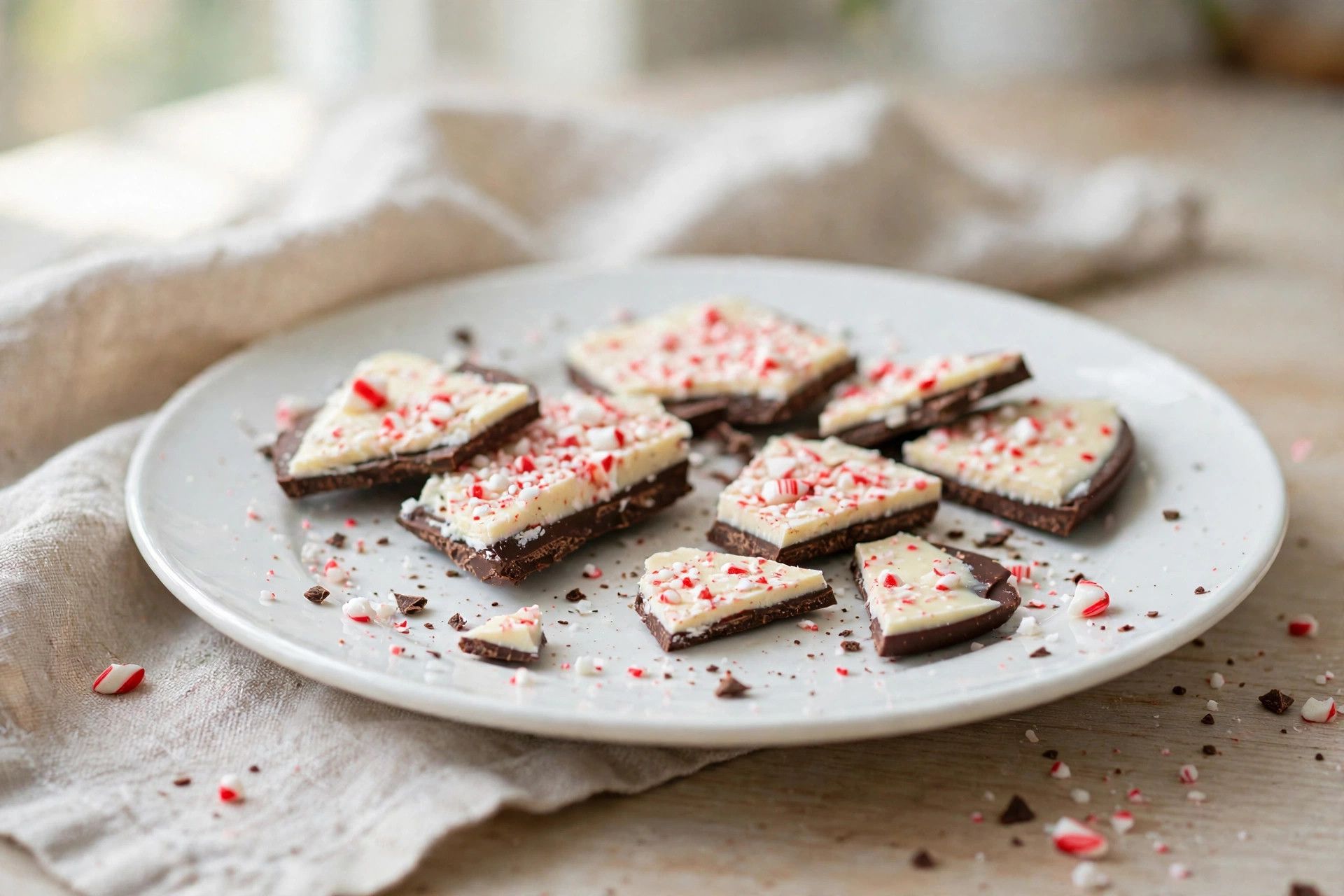 Broken pieces of layered peppermint bark with dark and white chocolate and red crushed candy canes on a white plate