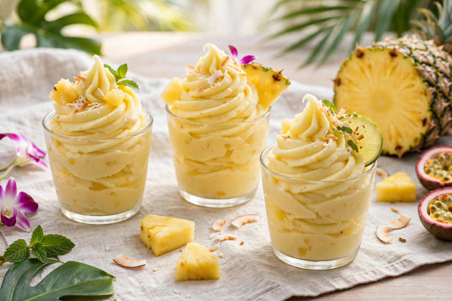 Cups of piped pineapple whip sorbet swirls with a tropical look, on a light kitchen table