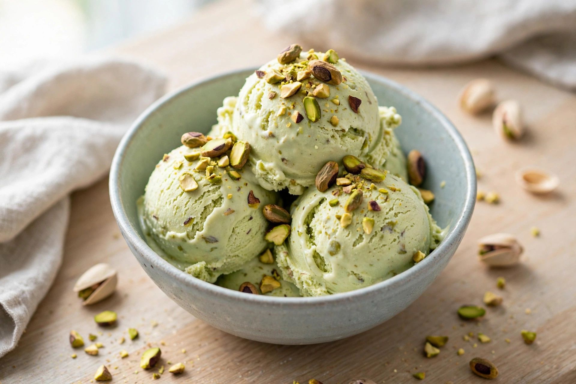 A bowl of pale green pistachio protein ice cream scoops topped with chopped roasted pistachios, on a light kitchen table