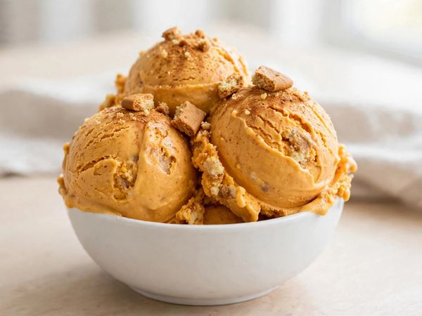 A bowl of pumpkin cheesecake ninja creami scoops, warm orange and creamy, dusted with cinnamon on a light table
