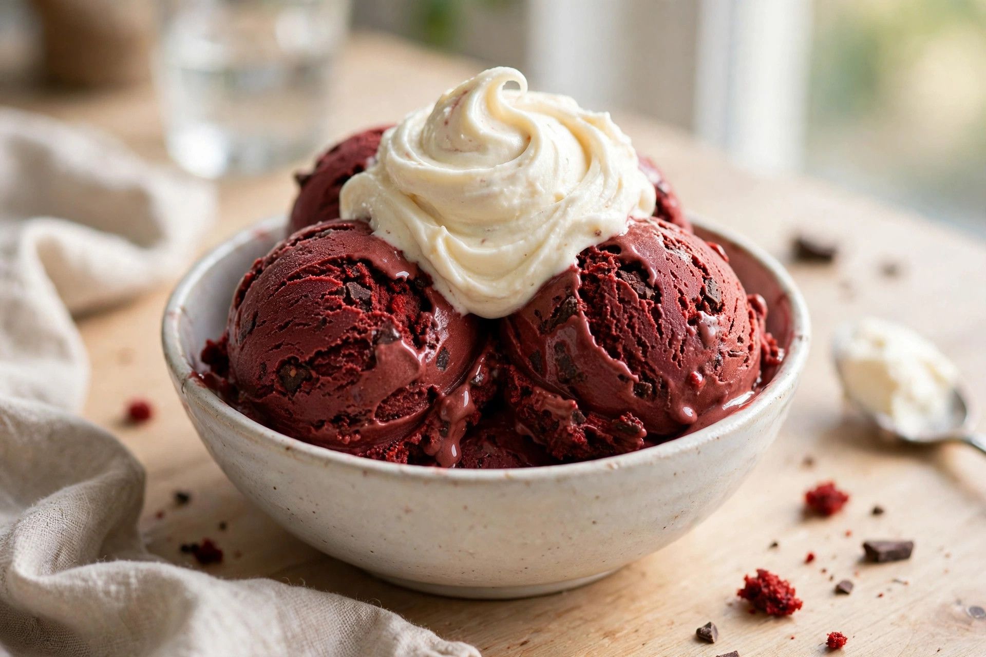 A bowl of deep red velvet protein ice cream scoops with light cream cheese frosting swirls, on a light kitchen table