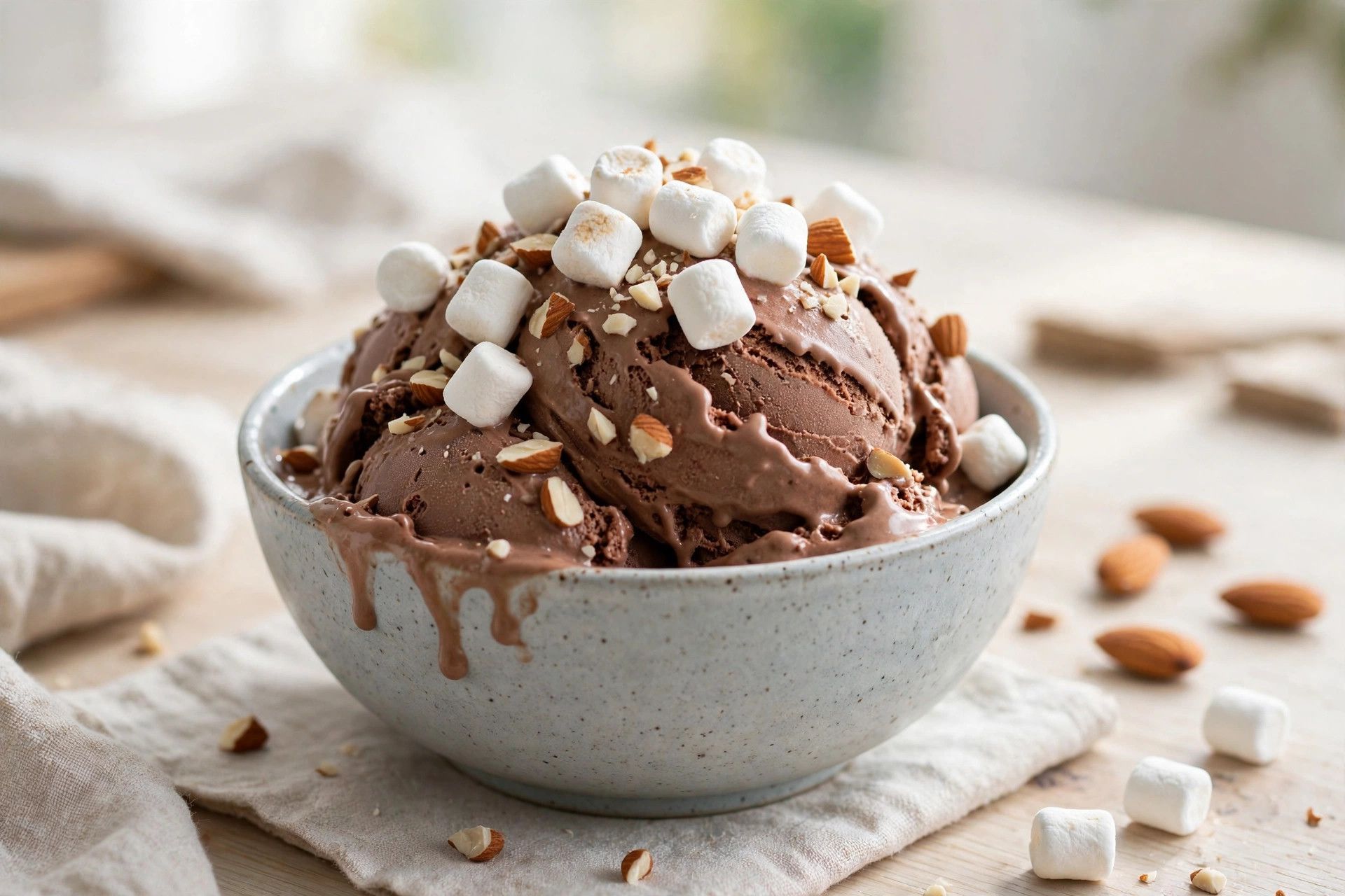 A bowl of chocolate rocky road ice cream with mini marshmallows and chopped almonds, on a light kitchen table