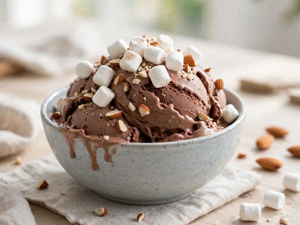 A bowl of chocolate rocky road ice cream with mini marshmallows and chopped almonds, on a light kitchen table