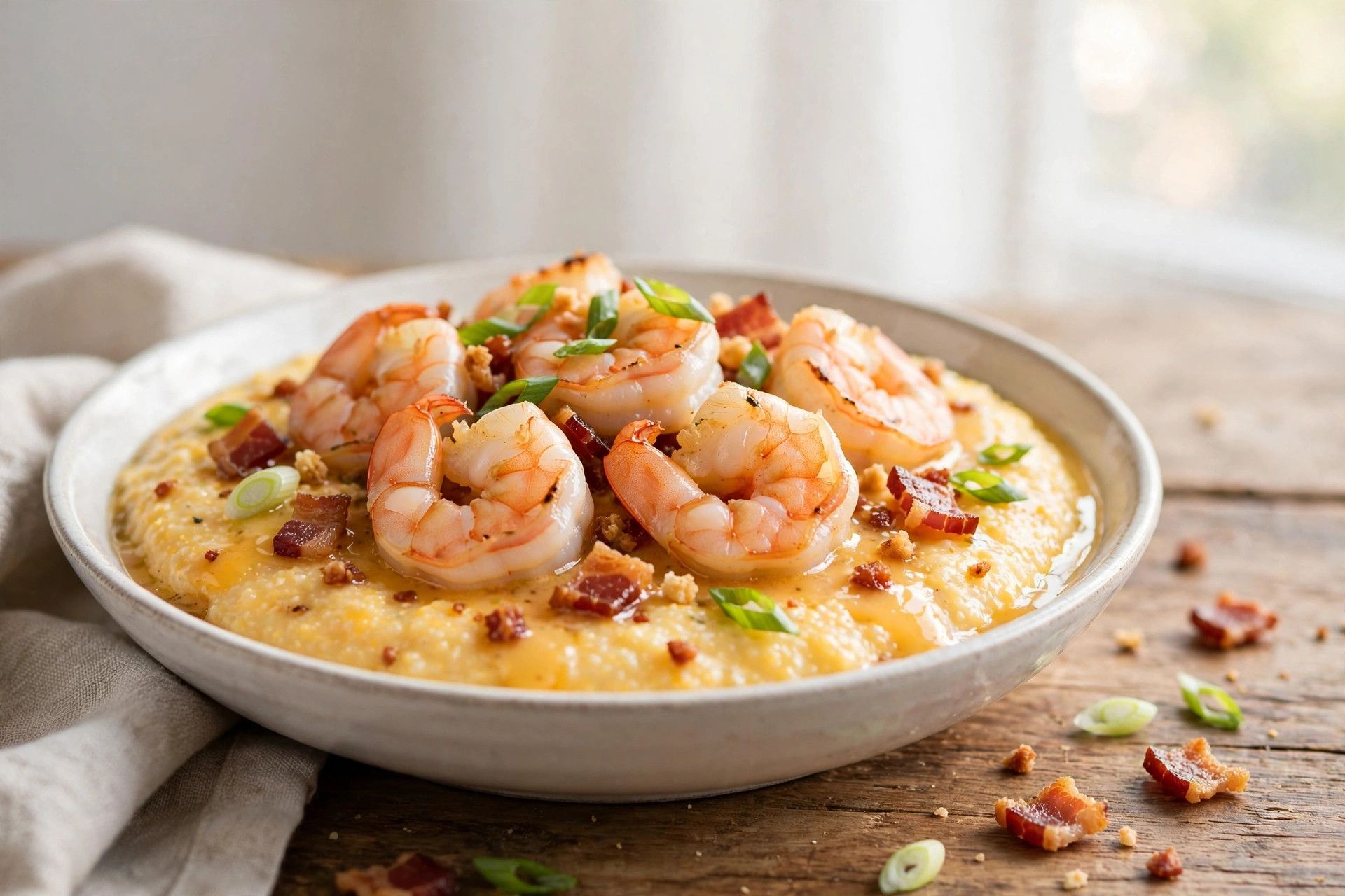 A bowl of creamy shrimp and grits topped with plump shrimp, crispy bacon crumbles and sliced scallions