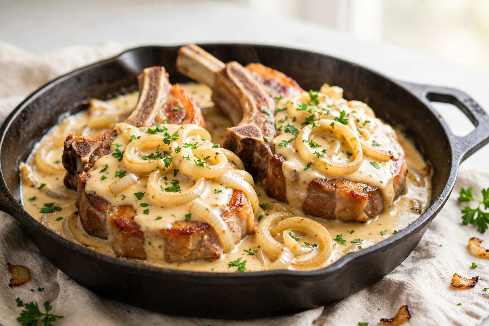 Pork chops smothered in creamy onion gravy in a skillet, garnished with fresh parsley