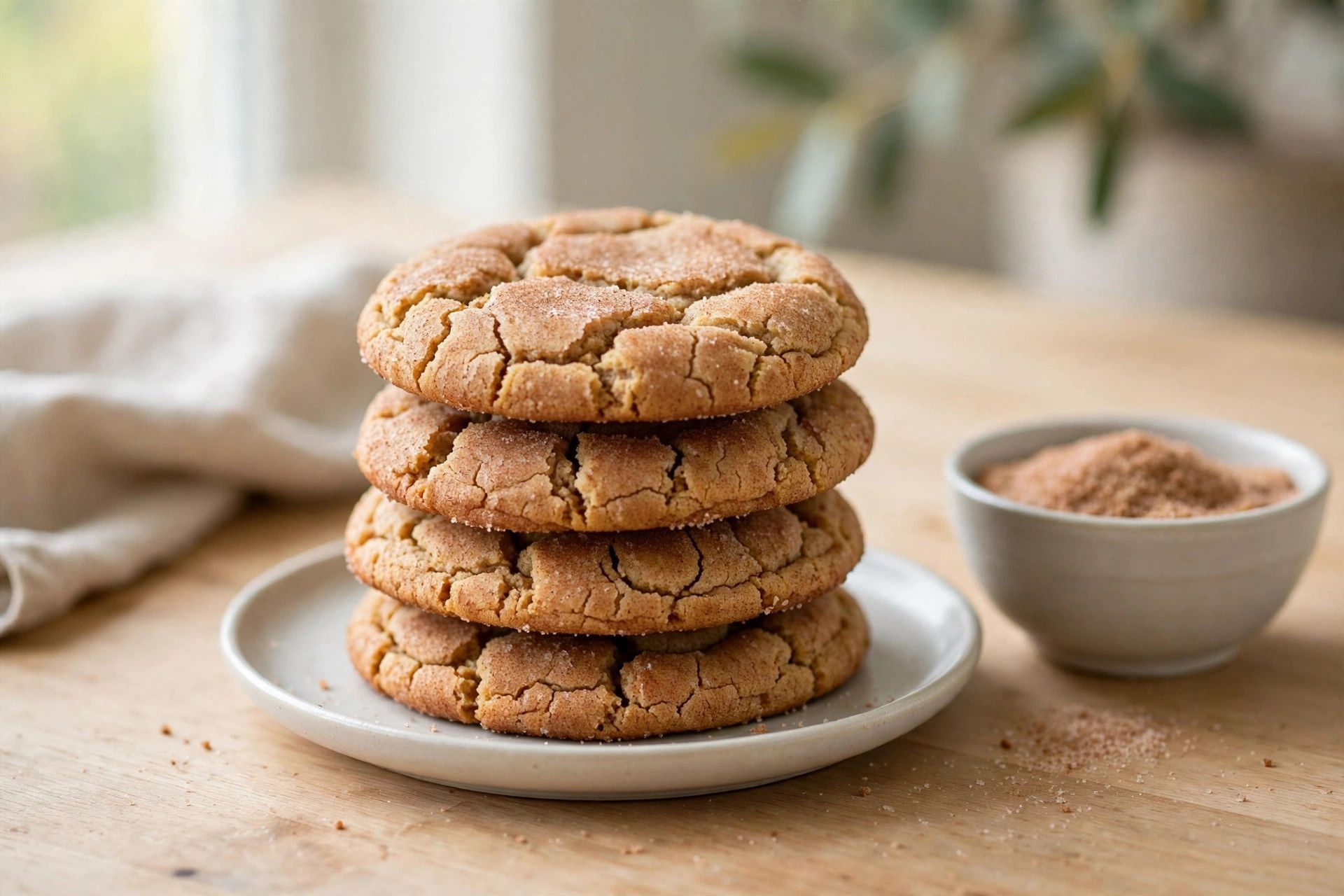 A stack of soft chewy snickerdoodle cookies with cracked cinnamon sugar tops on a light plate