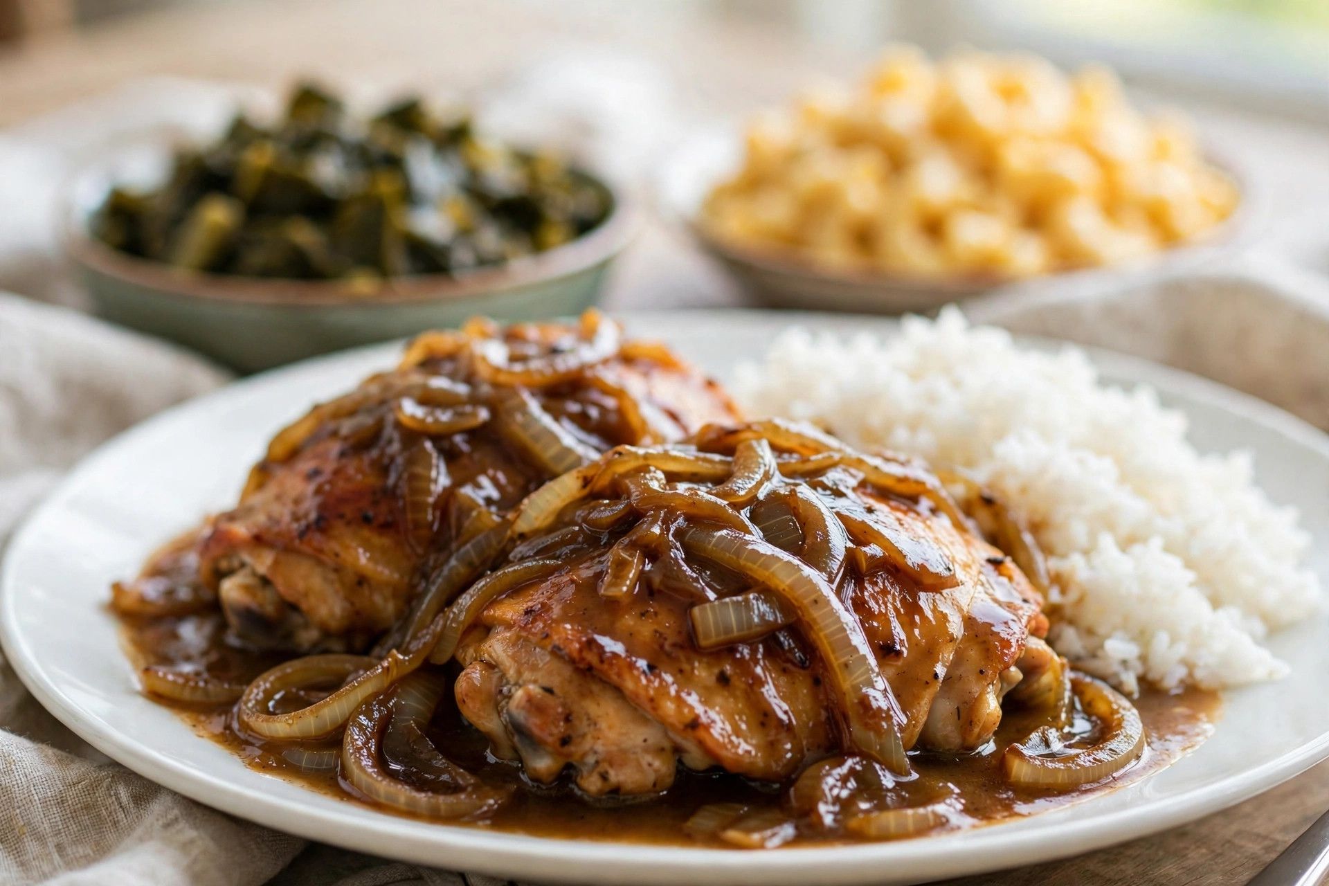 Smothered chicken thighs in onion gravy over rice, with Sunday dinner sides on the table behind