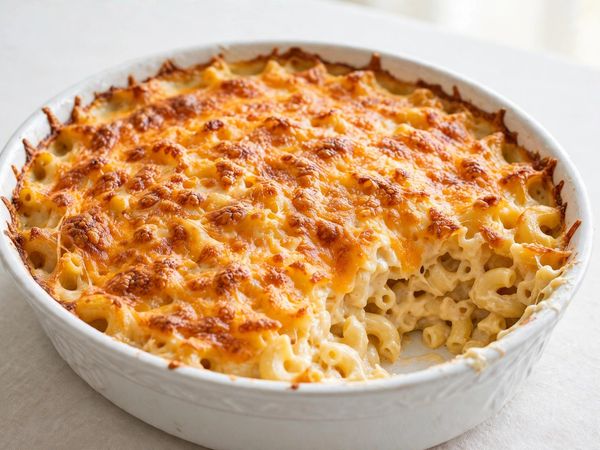 Baked southern mac and cheese in a white casserole dish with a golden crispy cheese top, on a light table