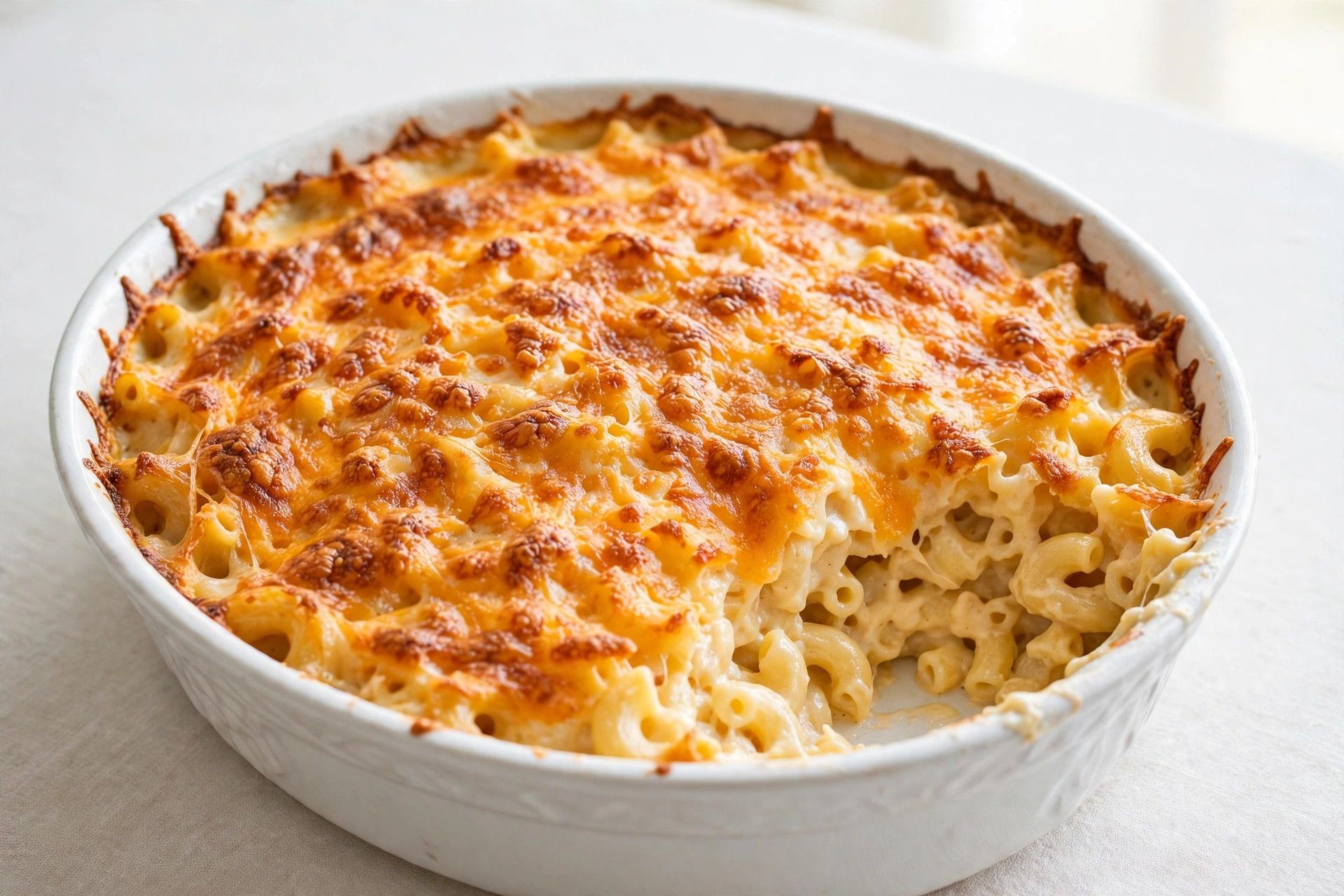 Baked southern mac and cheese in a white casserole dish with a golden crispy cheese top, on a light table