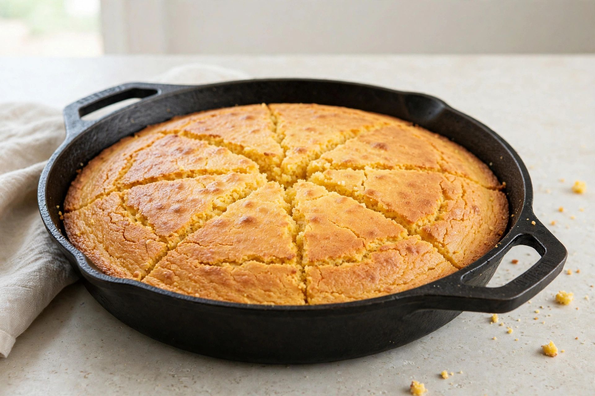 A pan of golden baked cornbread in a cast iron skillet cooling on a light counter