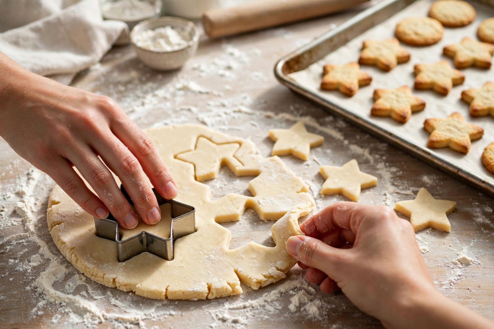 Cutting star shapes from rolled sugar cookie dough on a floured counter, with a tray of baked cookies nearby