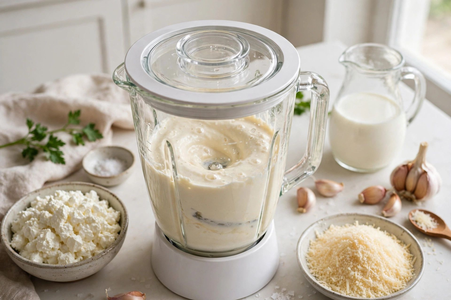 Blending the smooth white cottage cheese alfredo sauce in a blender, with Parmesan and garlic beside it