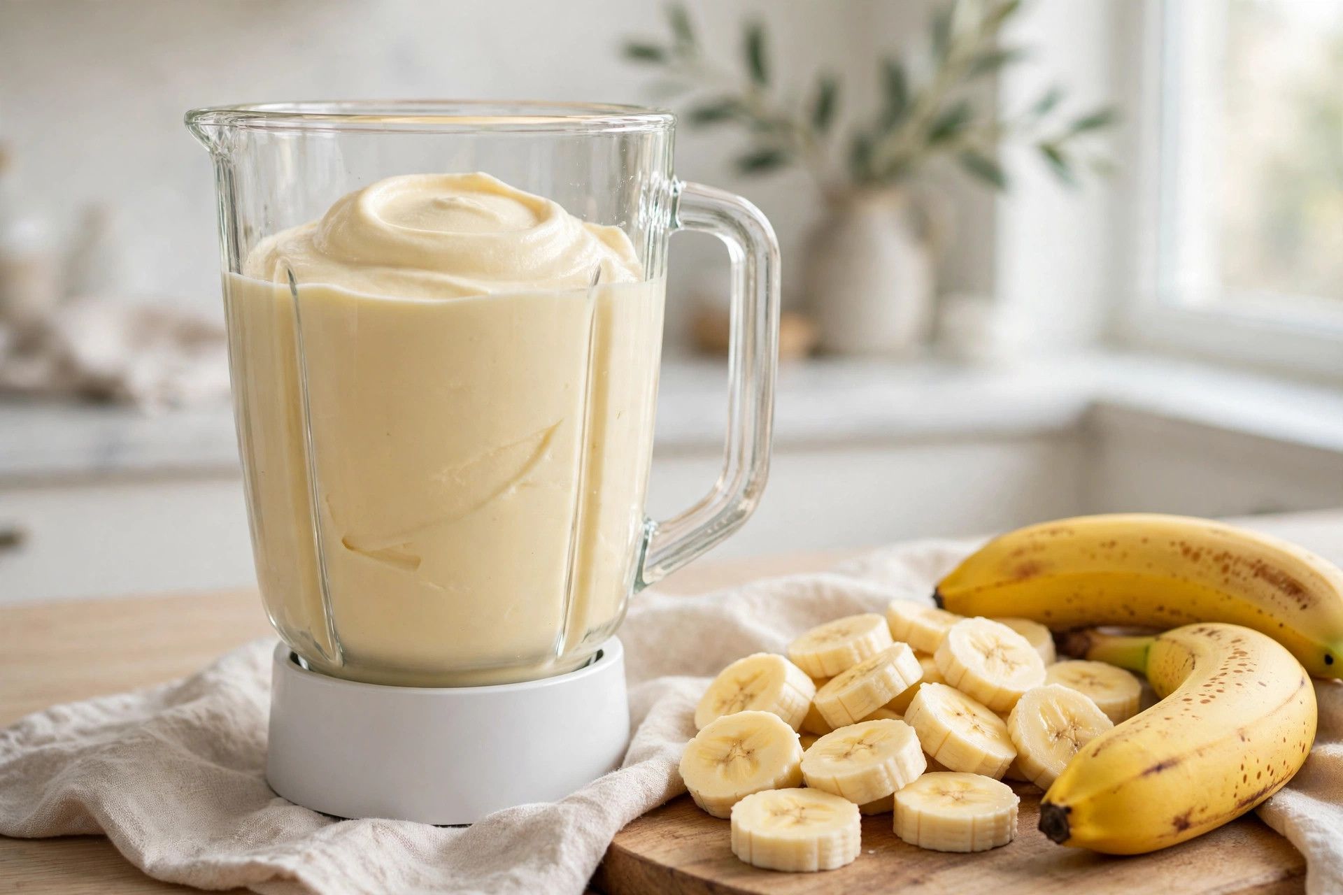 Blending a smooth creamy banana ice cream base in a blender, with sliced ripe bananas beside it