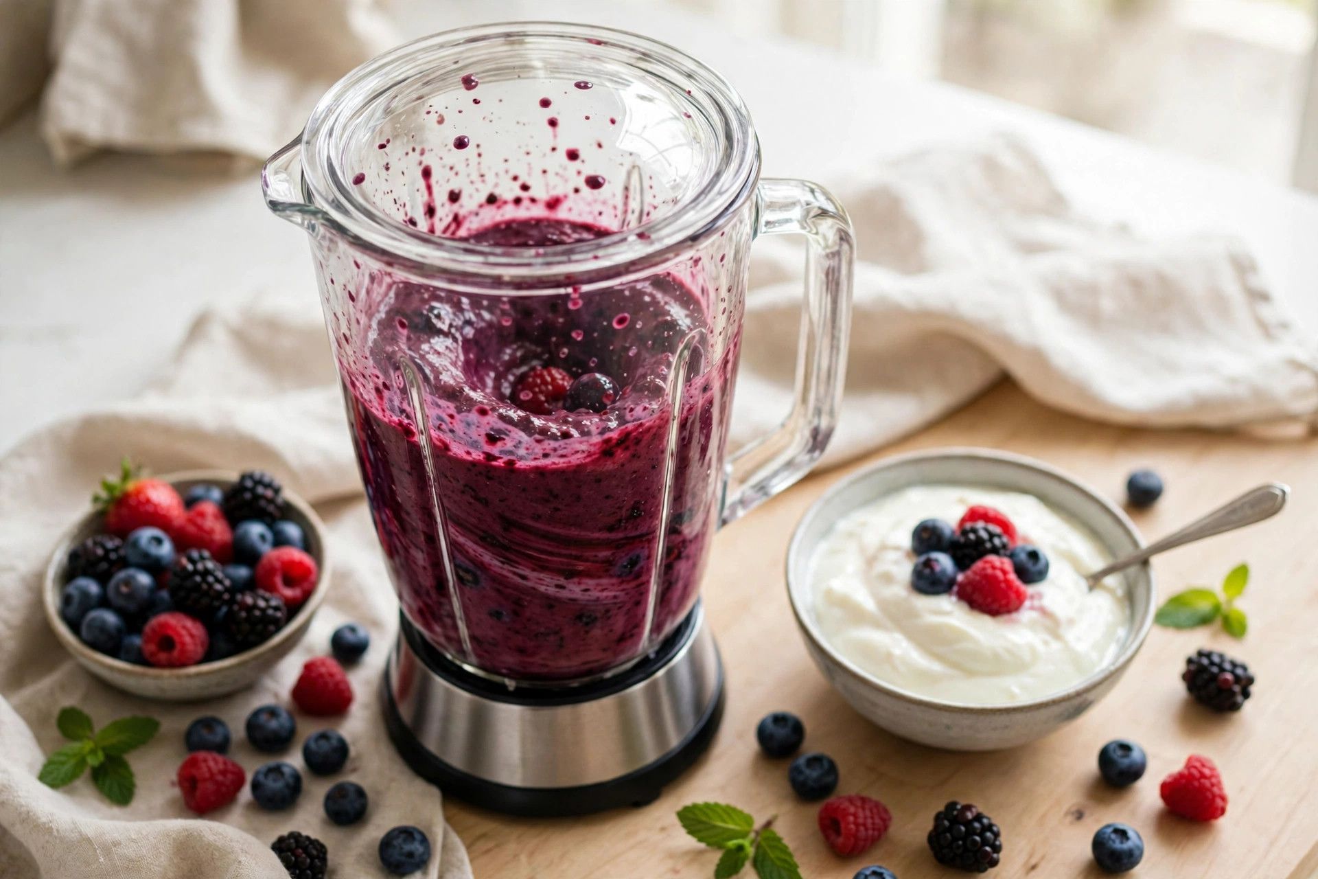 Blending the deep purple mixed berry sorbet base in a blender, with mixed berries and yogurt beside it