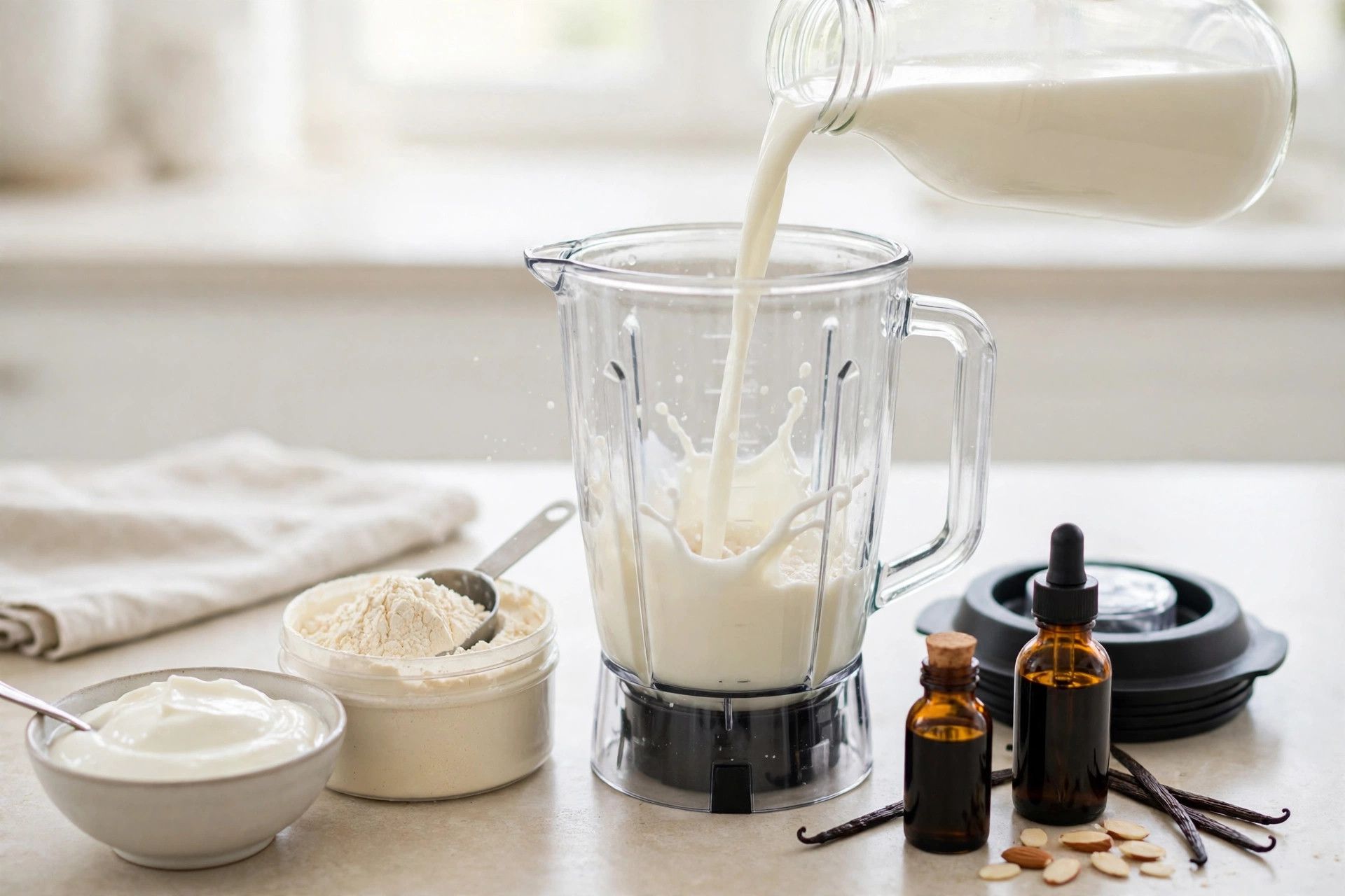 Blending the smooth birthday cake protein ice cream base in a blender, with milk, yogurt and extracts beside it