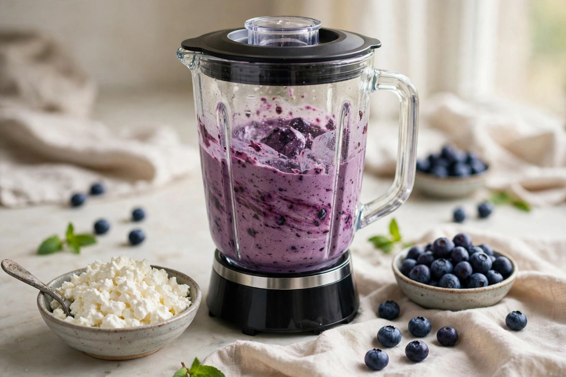 Blending the purple blueberry cheesecake ice cream base in a blender, with cottage cheese and blueberries beside it
