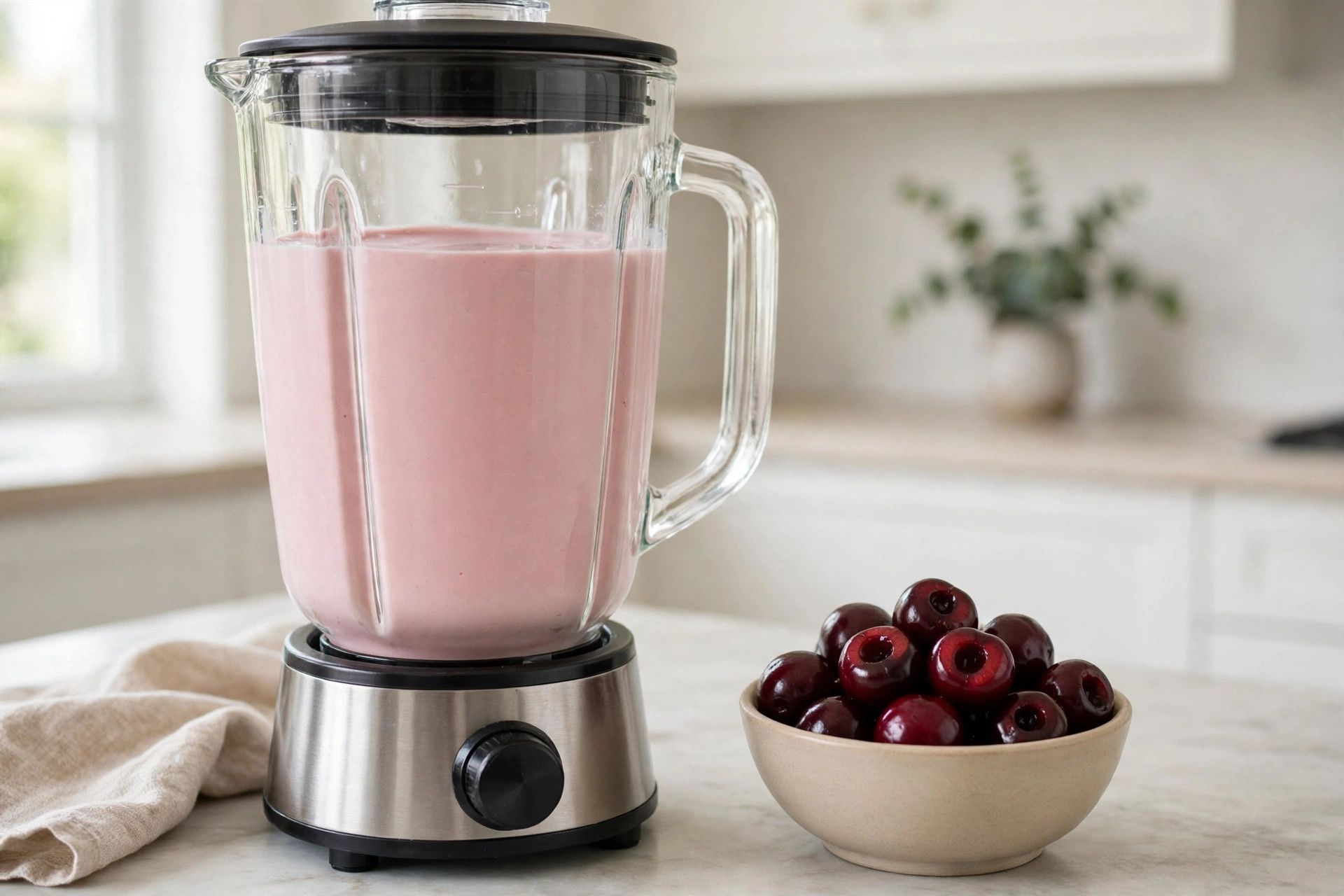 Blending the silky pink cherry cheesecake protein ice cream base in a blender, with fresh cherries beside it
