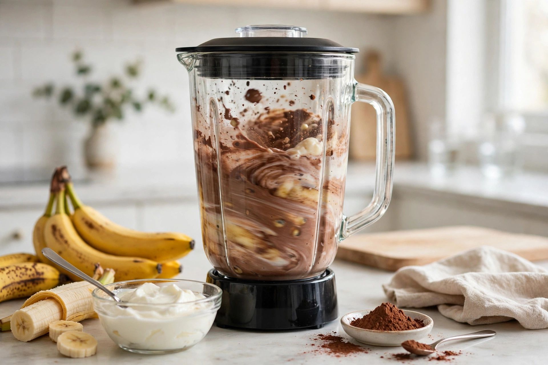 Blending the smooth chocolate banana base in a blender, with ripe bananas, cocoa and Greek yogurt beside it