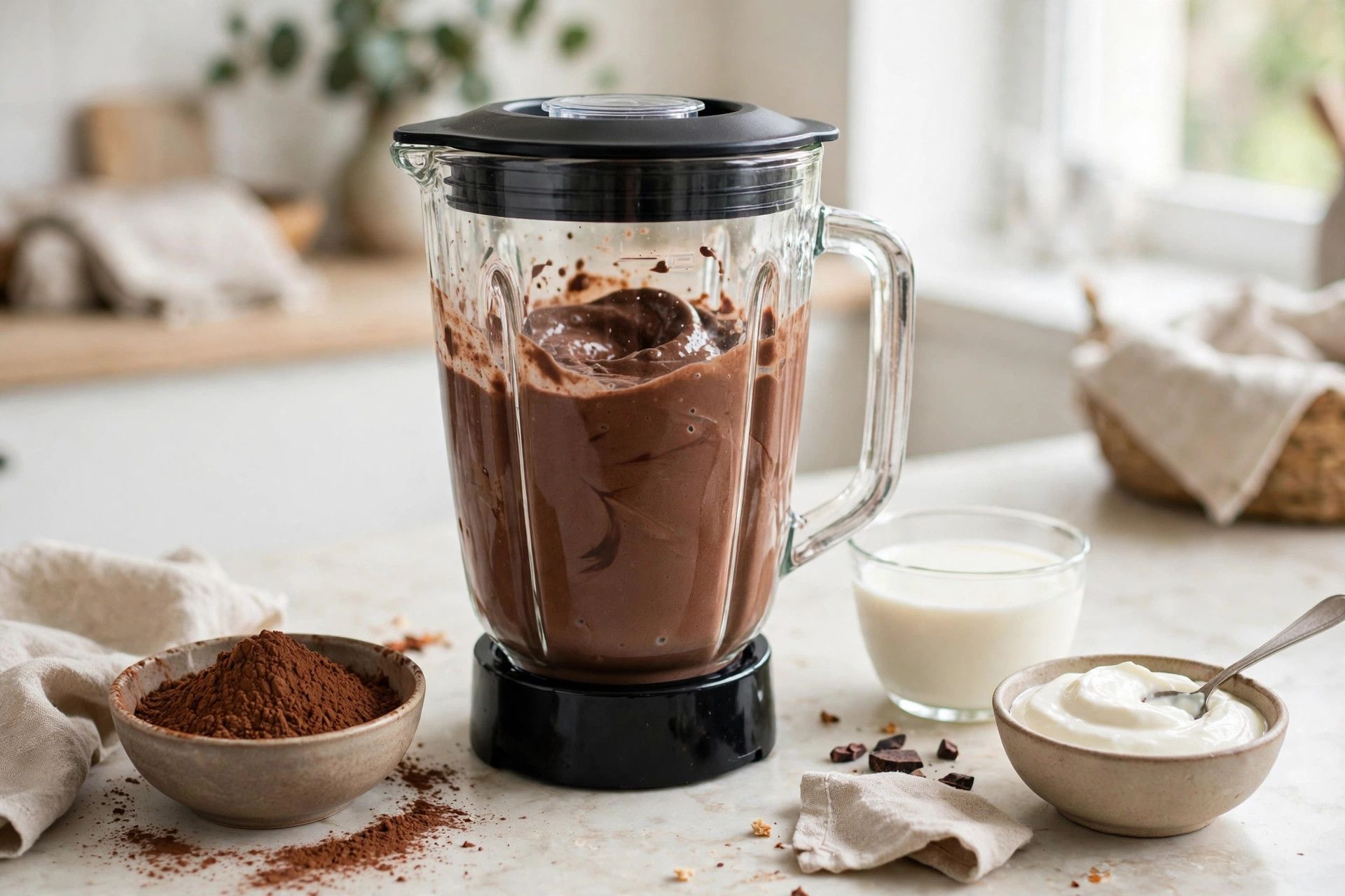 Blending the smooth chocolate protein ice cream base in a blender, with cocoa powder, milk and Greek yogurt beside it