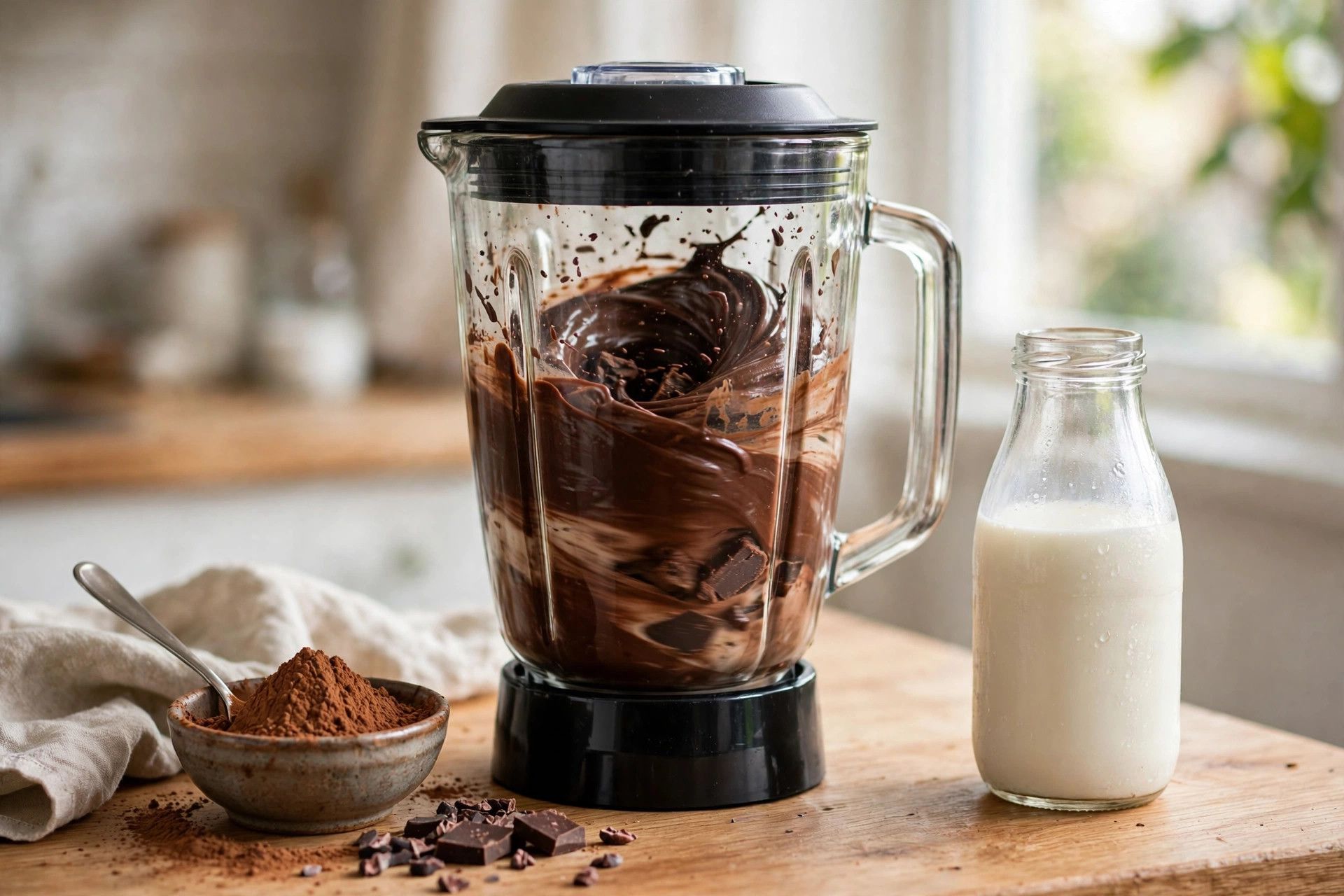 Blending the glossy dark chocolate fudge ice cream base in a blender, with cocoa powder and milk beside it