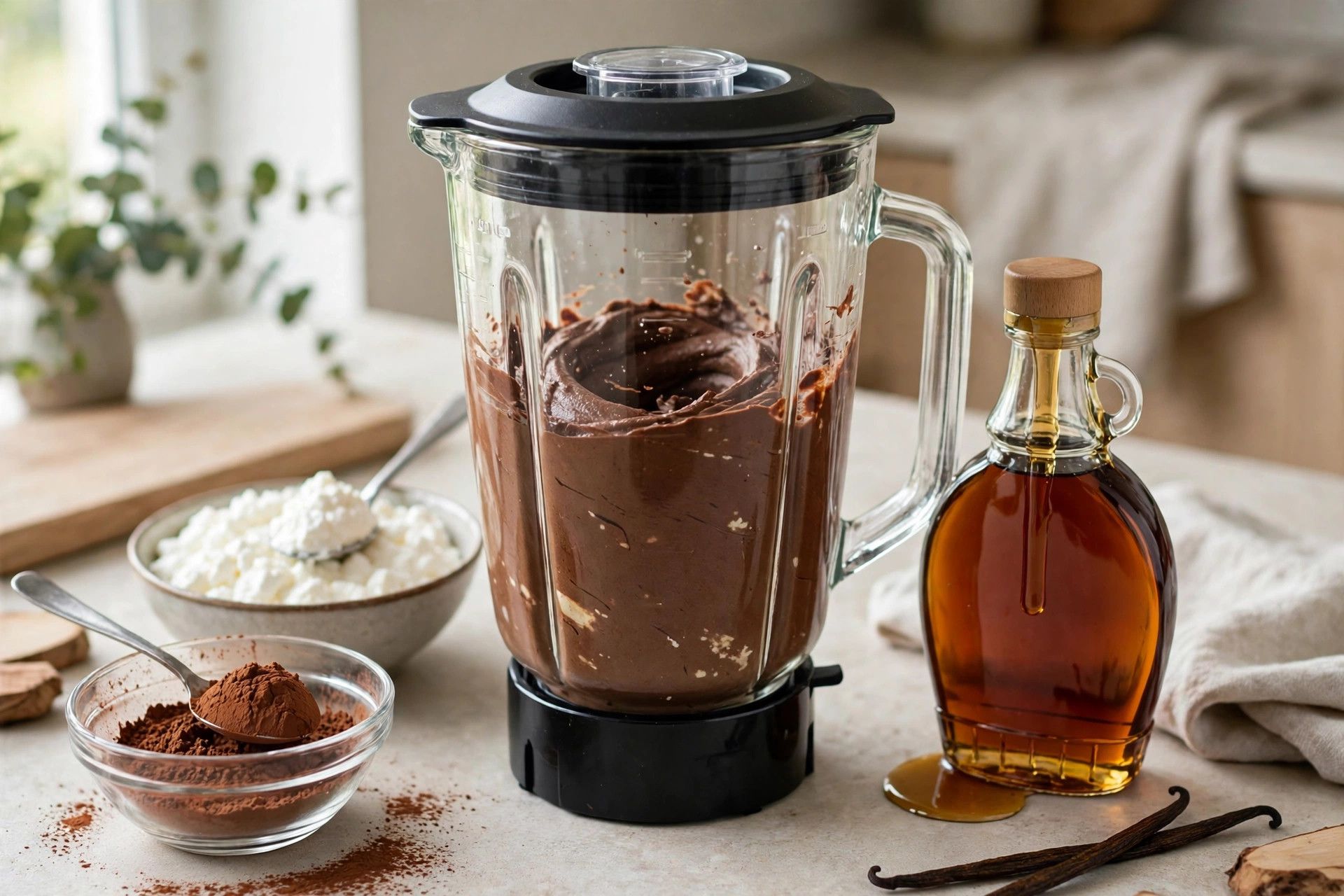 Blending cottage cheese with cocoa powder, maple syrup and vanilla into a smooth dark chocolate mousse base