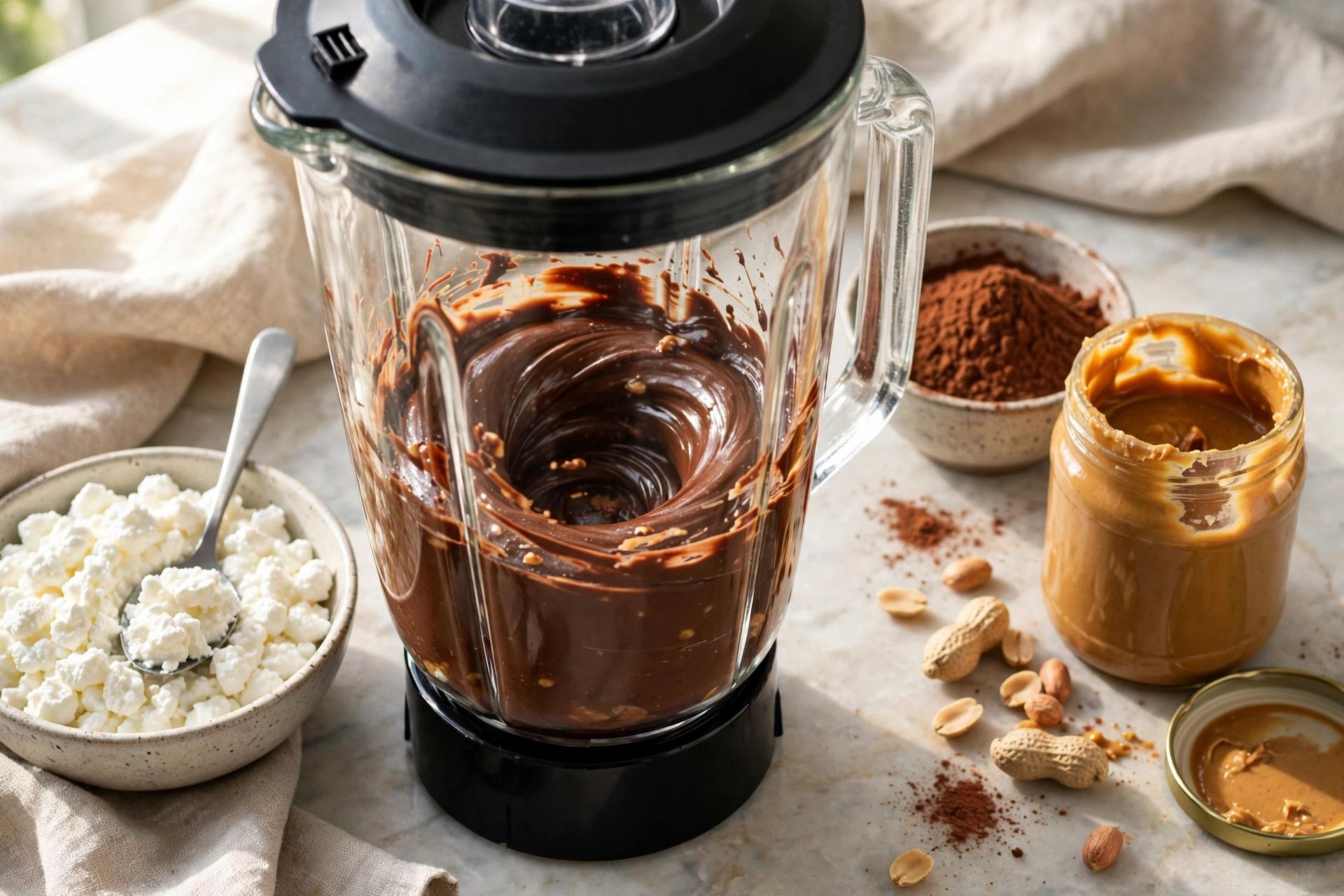 Blending the glossy chocolate peanut butter ice cream base in a blender, with cottage cheese, cocoa and peanut butter beside it