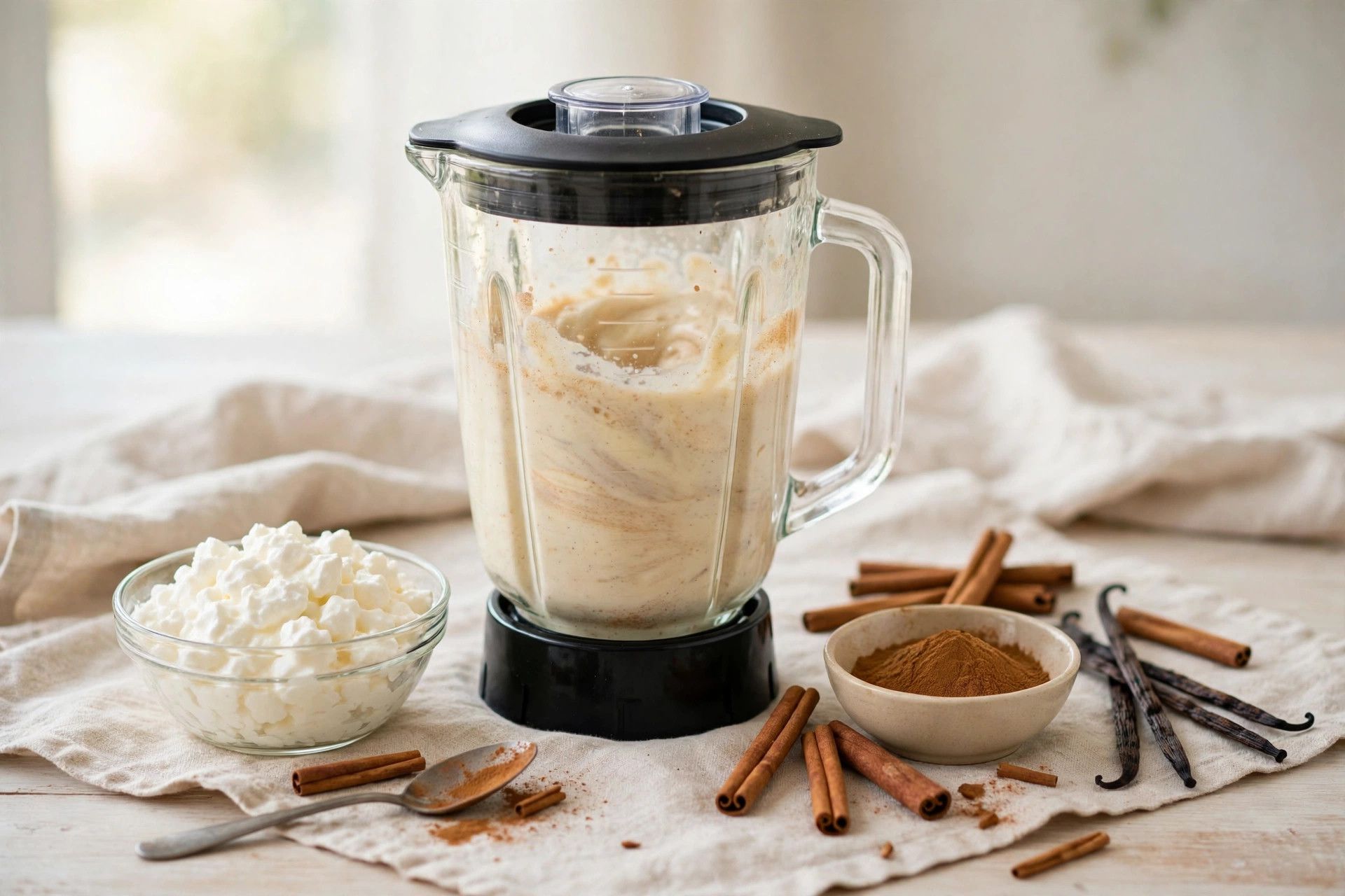 Blending the cinnamon vanilla churro ice cream base in a blender, with cottage cheese and cinnamon beside it