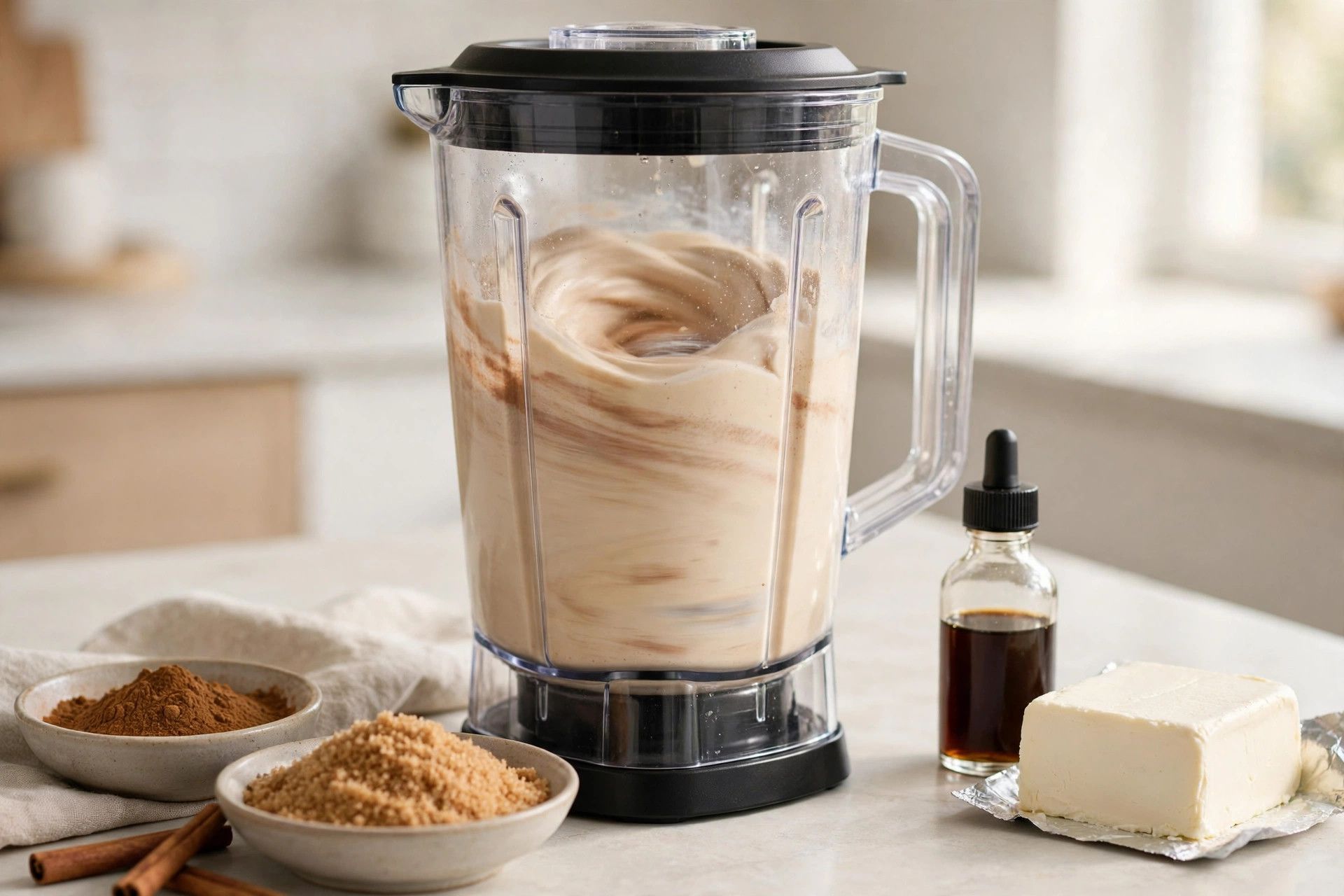Blending the smooth cinnamon roll protein ice cream base in a blender, with brown sugar, cinnamon and cream cheese beside it