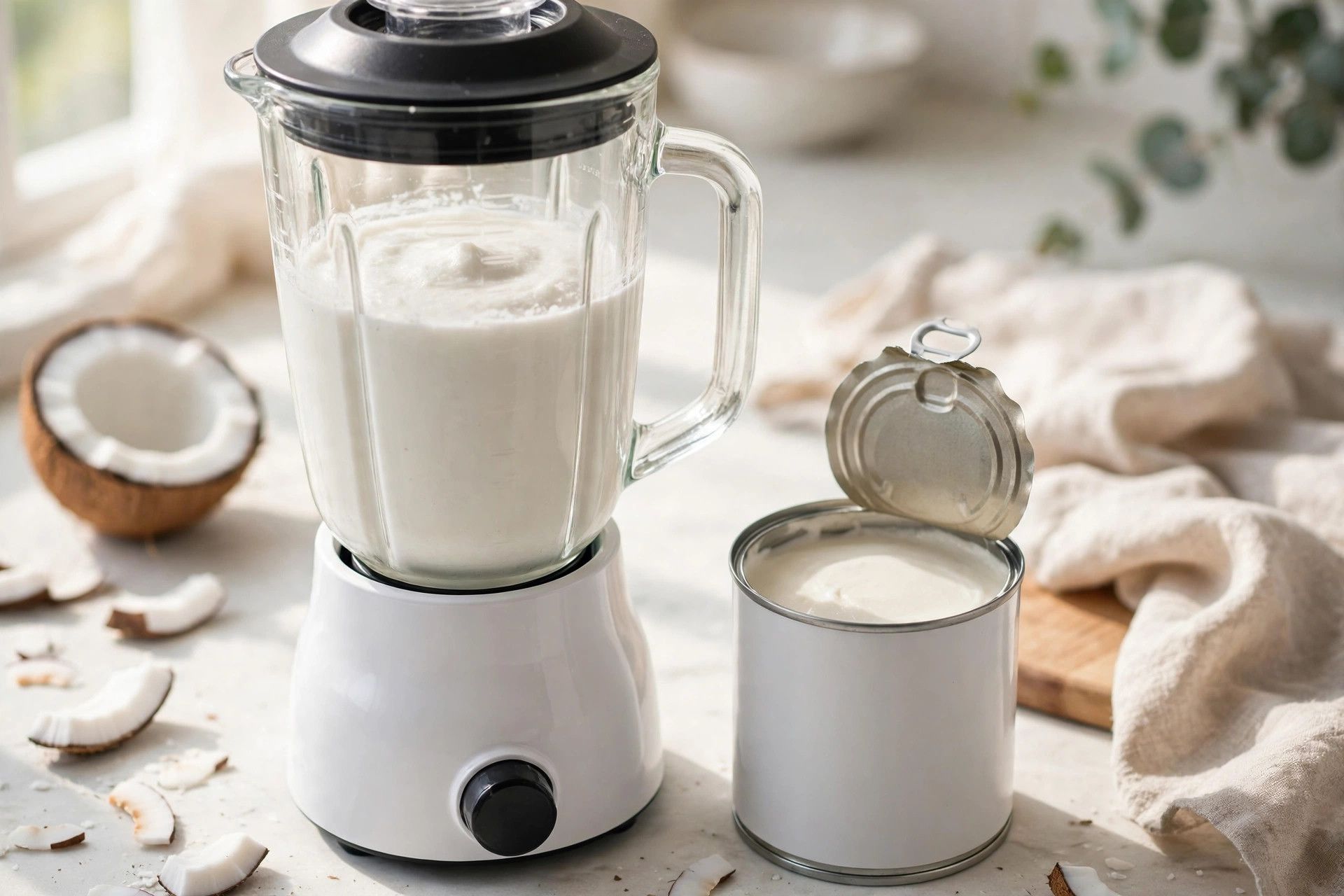 Blending a smooth creamy white coconut base in a blender, with an open can of coconut cream beside it