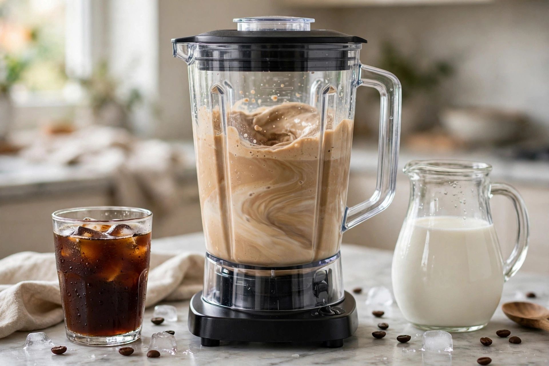 Blending the light brown coffee crunch ice cream base in a blender, with cold brew coffee and milk beside it
