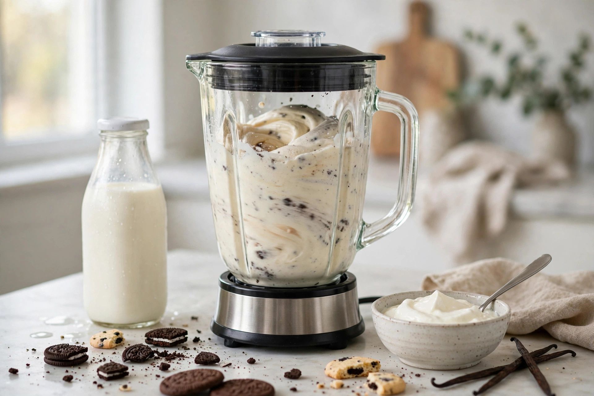 Blending the smooth vanilla cookies and cream ice cream base in a blender, with milk and yogurt beside it