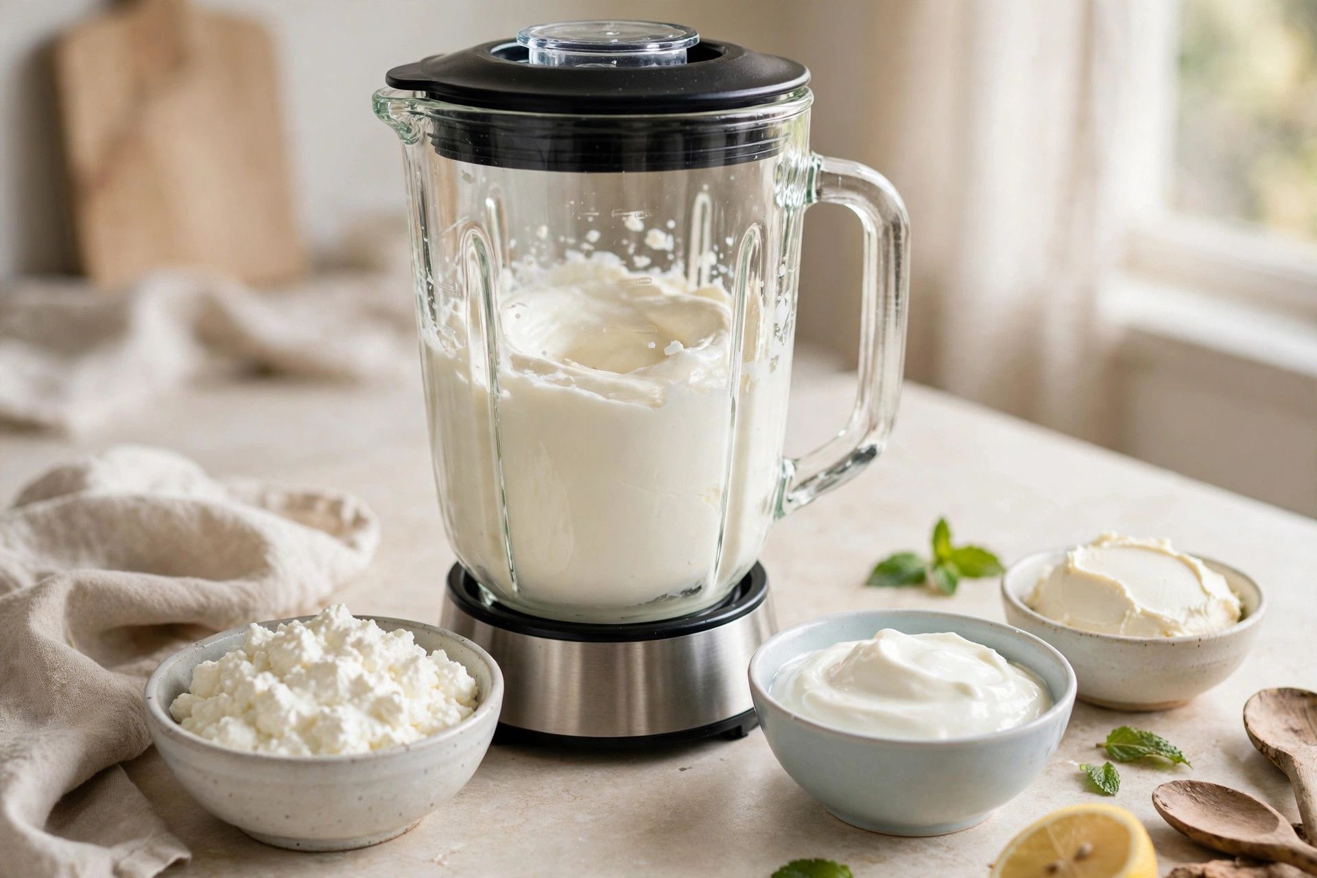 Blending the cottage cheese cheesecake filling in a blender until completely smooth and silky