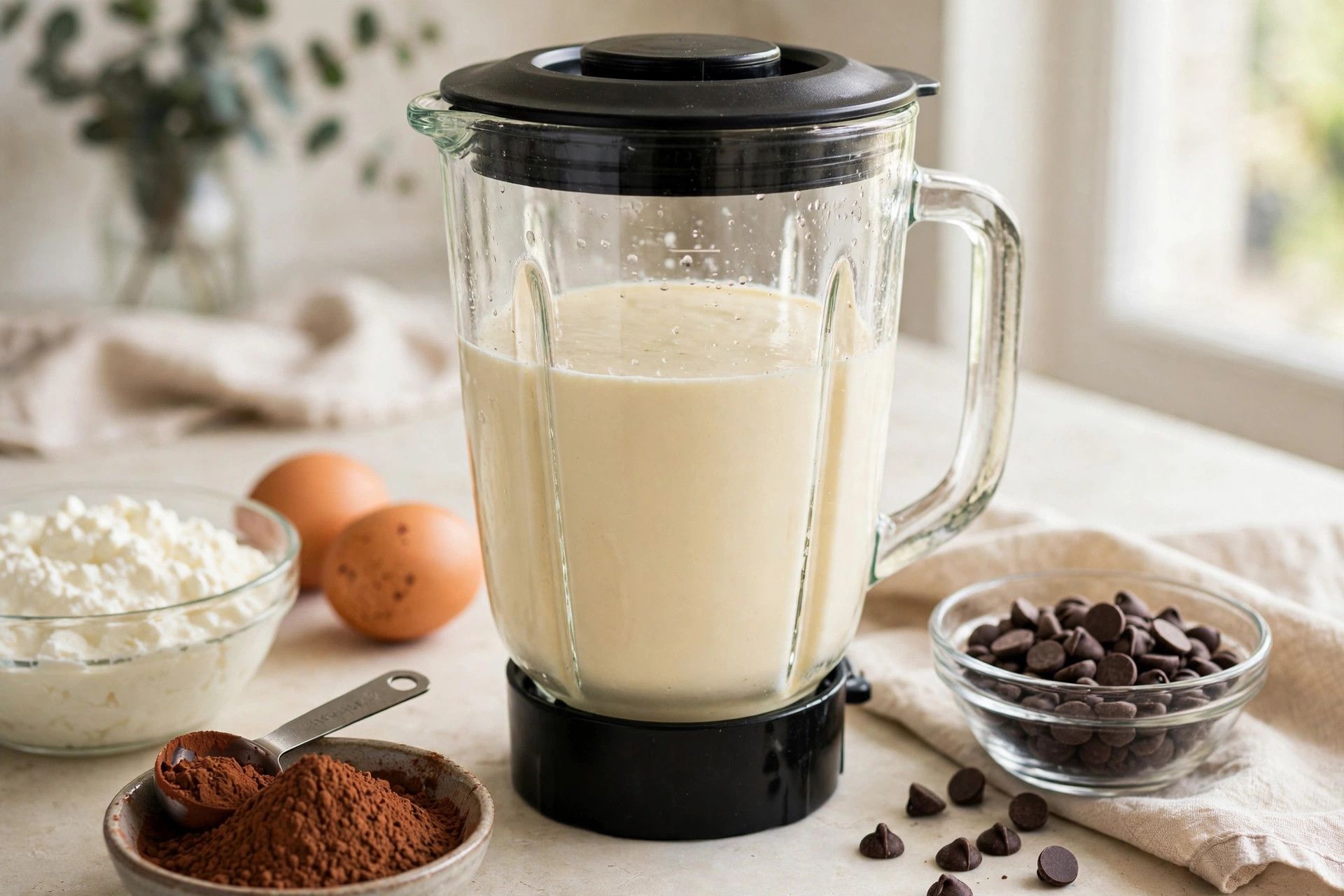 Blending cottage cheese and eggs in a blender until the mixture is completely smooth with no curds left