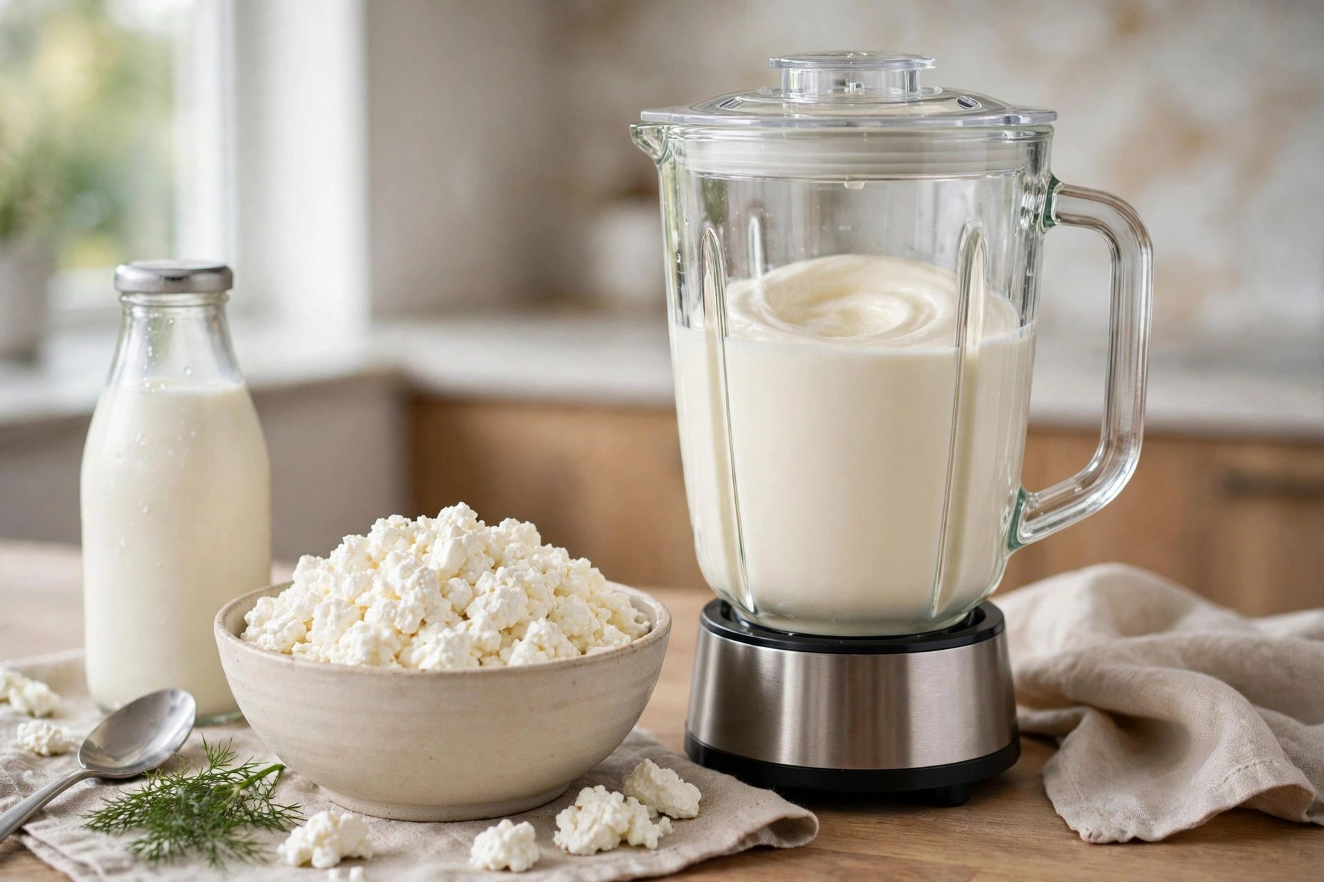 Blending cottage cheese with milk in a blender until completely smooth and silky, beside a bowl of cottage cheese curds