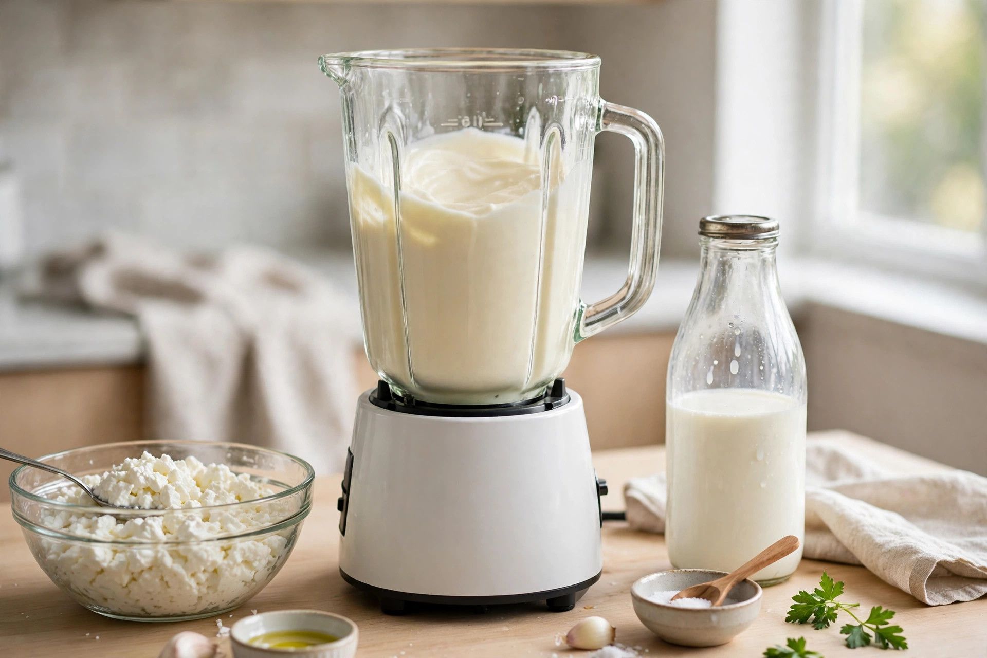 Blending cottage cheese with milk in a blender until completely smooth and silky, beside a bowl of cottage cheese curds