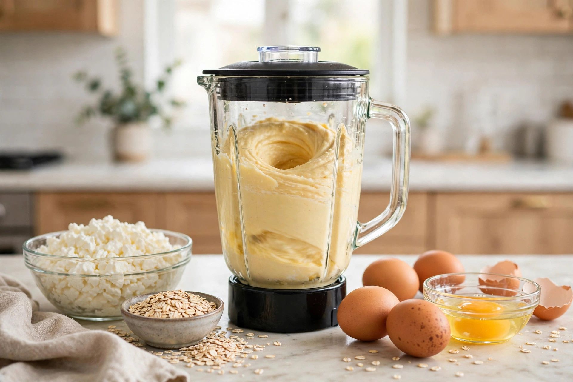 Blending cottage cheese, eggs and oats in a blender into a smooth thick muffin batter