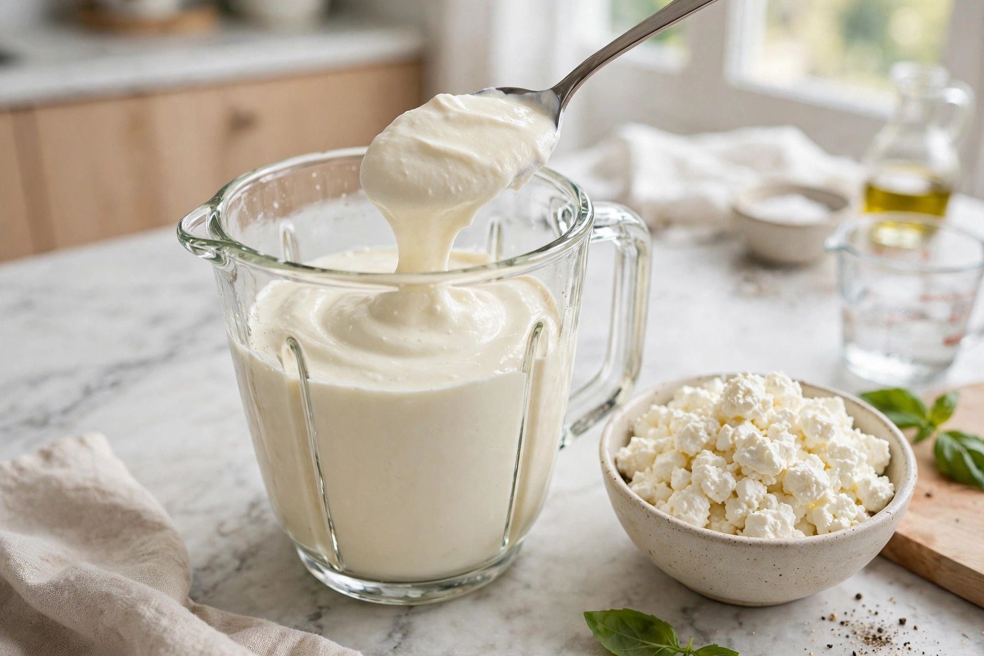 Blending cottage cheese in a blender until completely smooth and creamy, with no curds visible