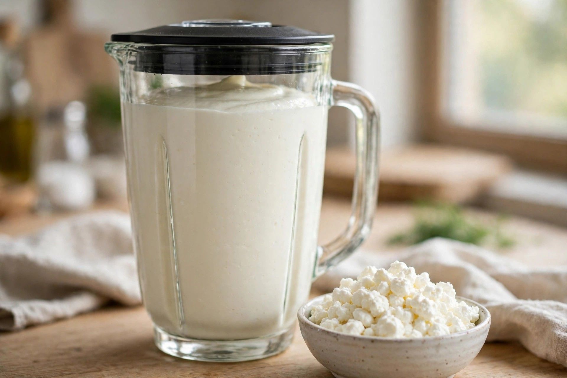 Blending cottage cheese with milk in a blender until completely smooth and silky, beside a bowl of cottage cheese curds