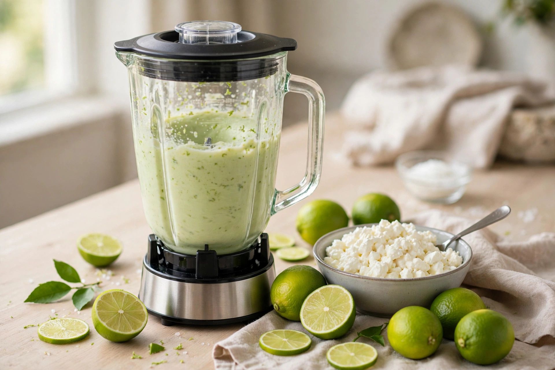 Blending the pale green key lime ice cream base in a blender, with cottage cheese and limes beside it